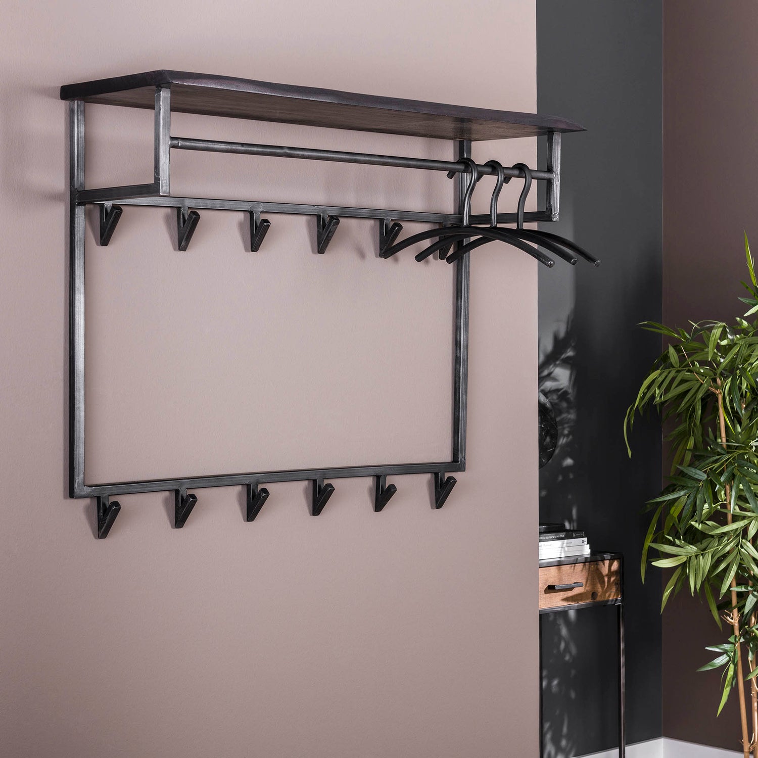 Kapstok Yucon Hoog met 12 Haken - 100x33x80 cm - Zwart - Acacia