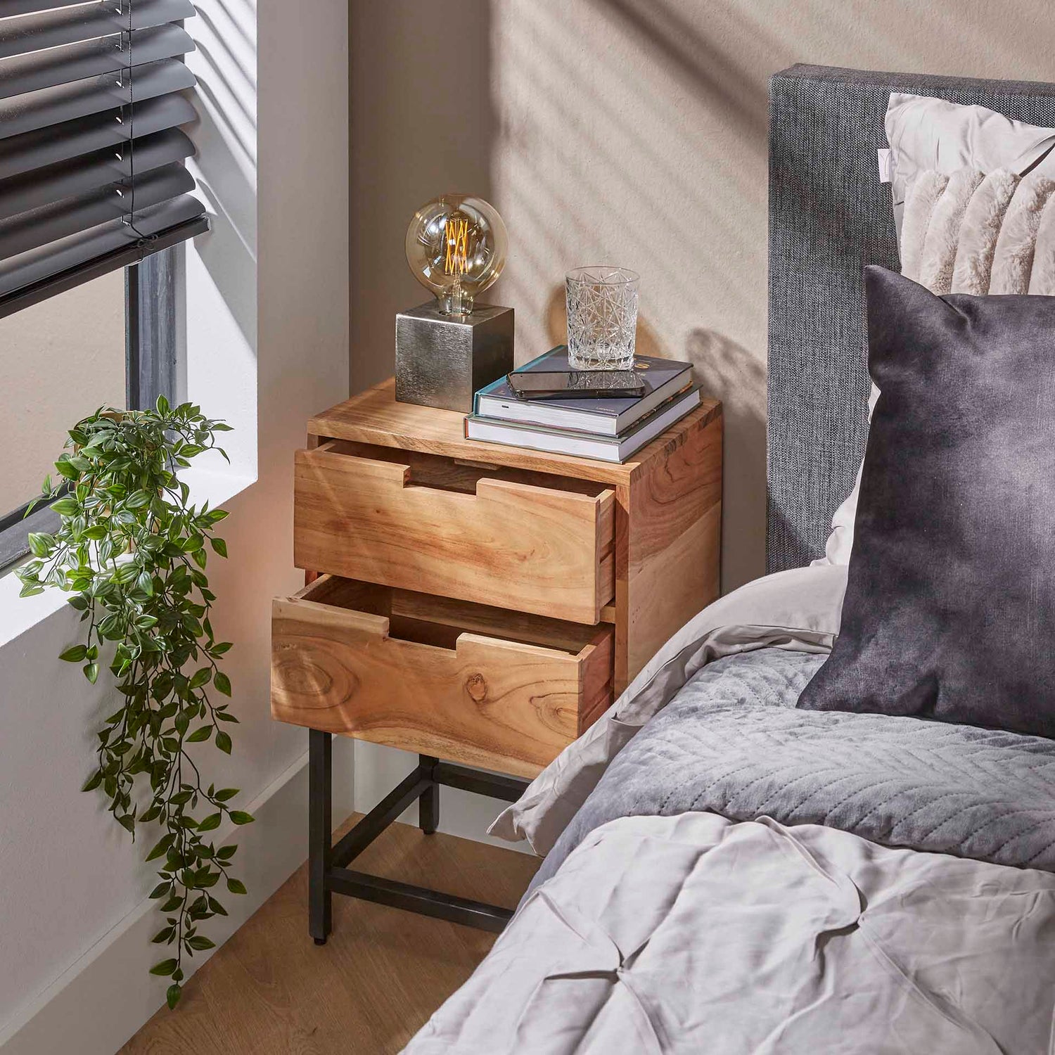 Nachtkastje met 2 laden flat - 40x30x60 cm - Naturel - Acacia