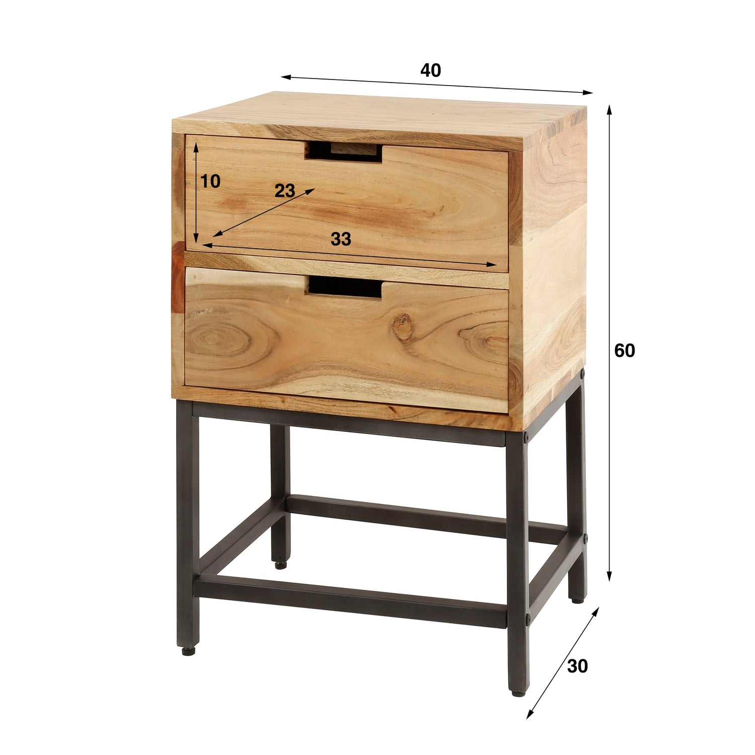 Nachtkastje met 2 laden flat - 40x30x60 cm - Naturel - Acacia