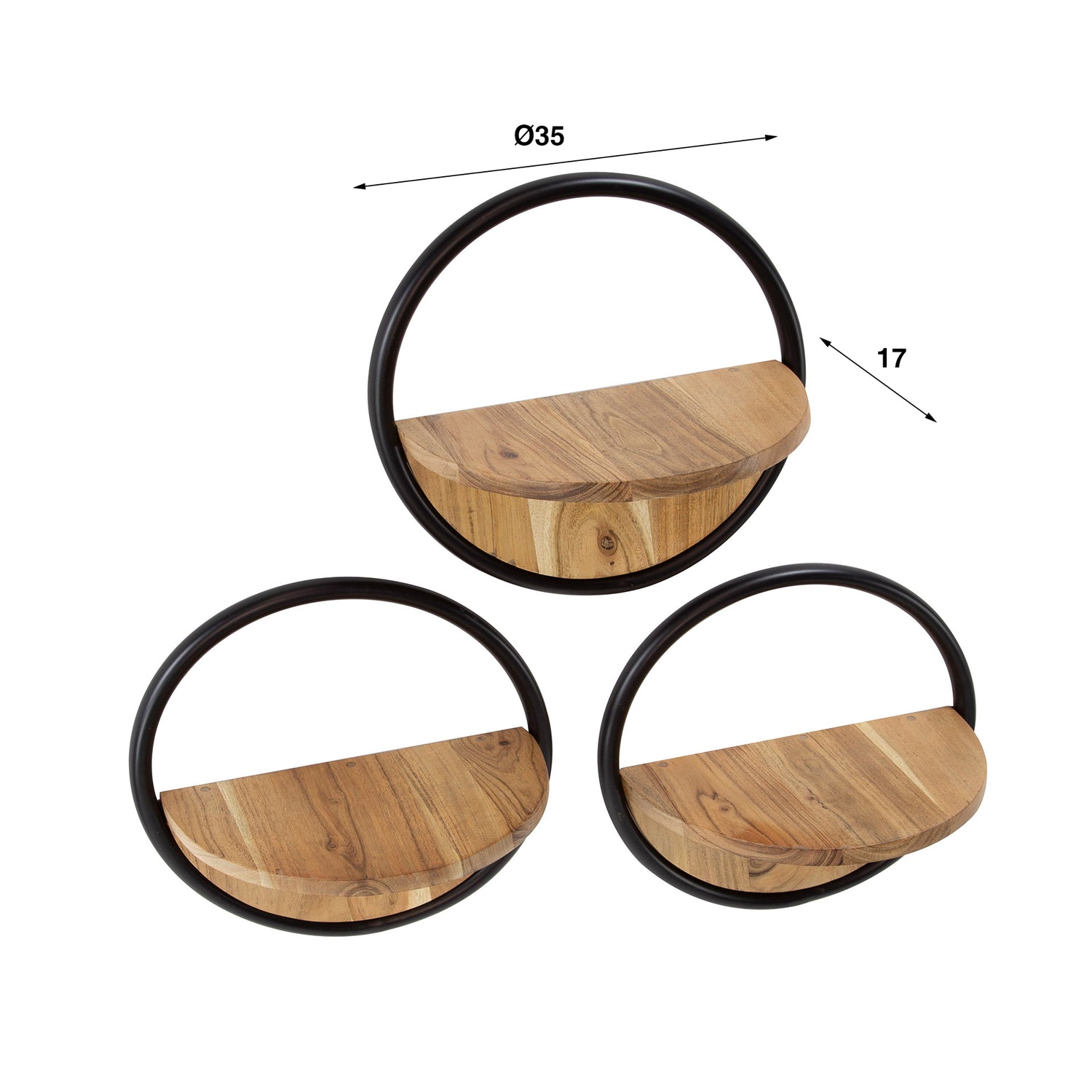 Wandschap Round - Set van 3 - 35x17x35 cm - Naturel - Acacia