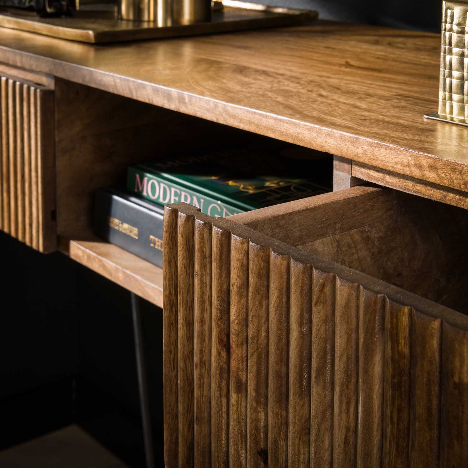 Kaptafel met 2 lampen Wave - 110x40x77 cm - Zandkleur - Mango