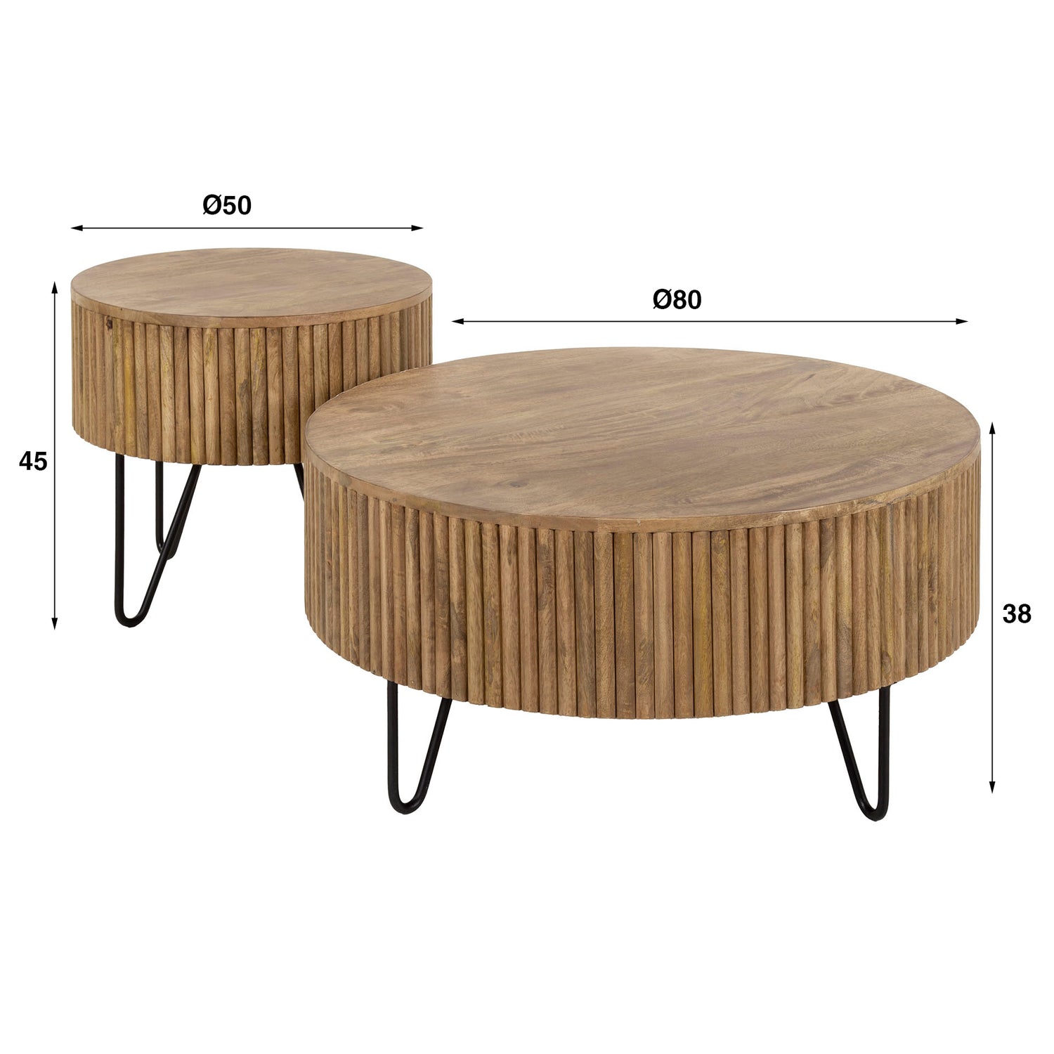Salontafel Wave Rond - Set van 2 - 80x80x38 cm - Zandkleur - Mango