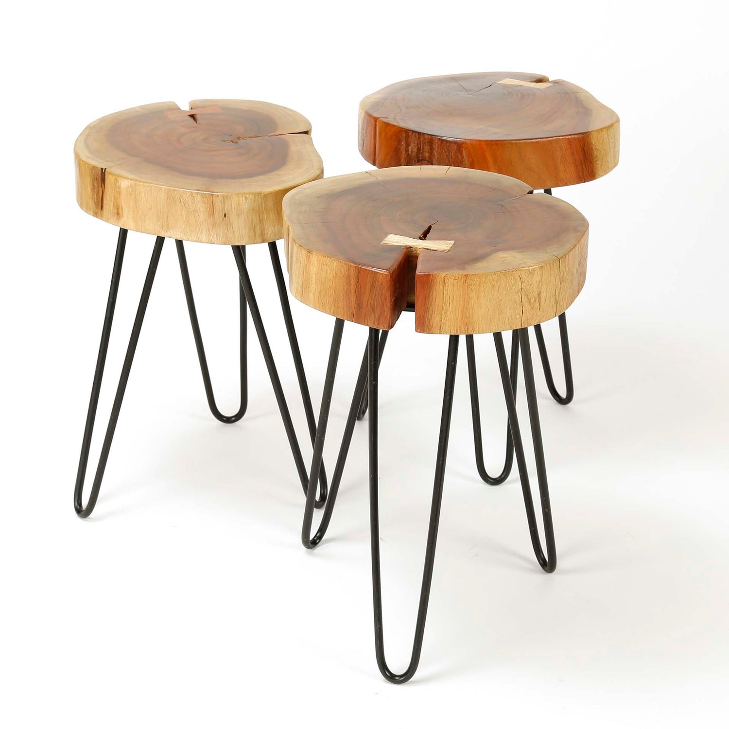 Bijzettafel stam met stalen frame - 32x32x45 cm - Acacia Naturaal