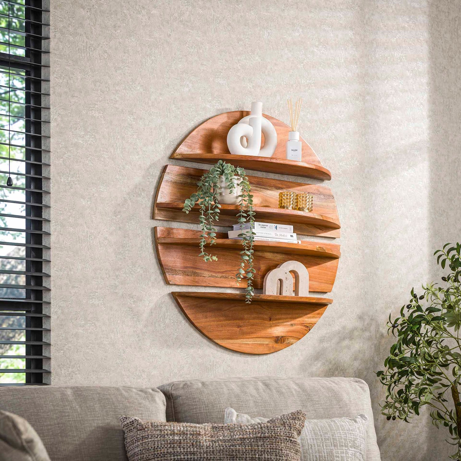 Wandschap Rond - Set van 4 - 90x22x90 cm - Naturel - Margosa