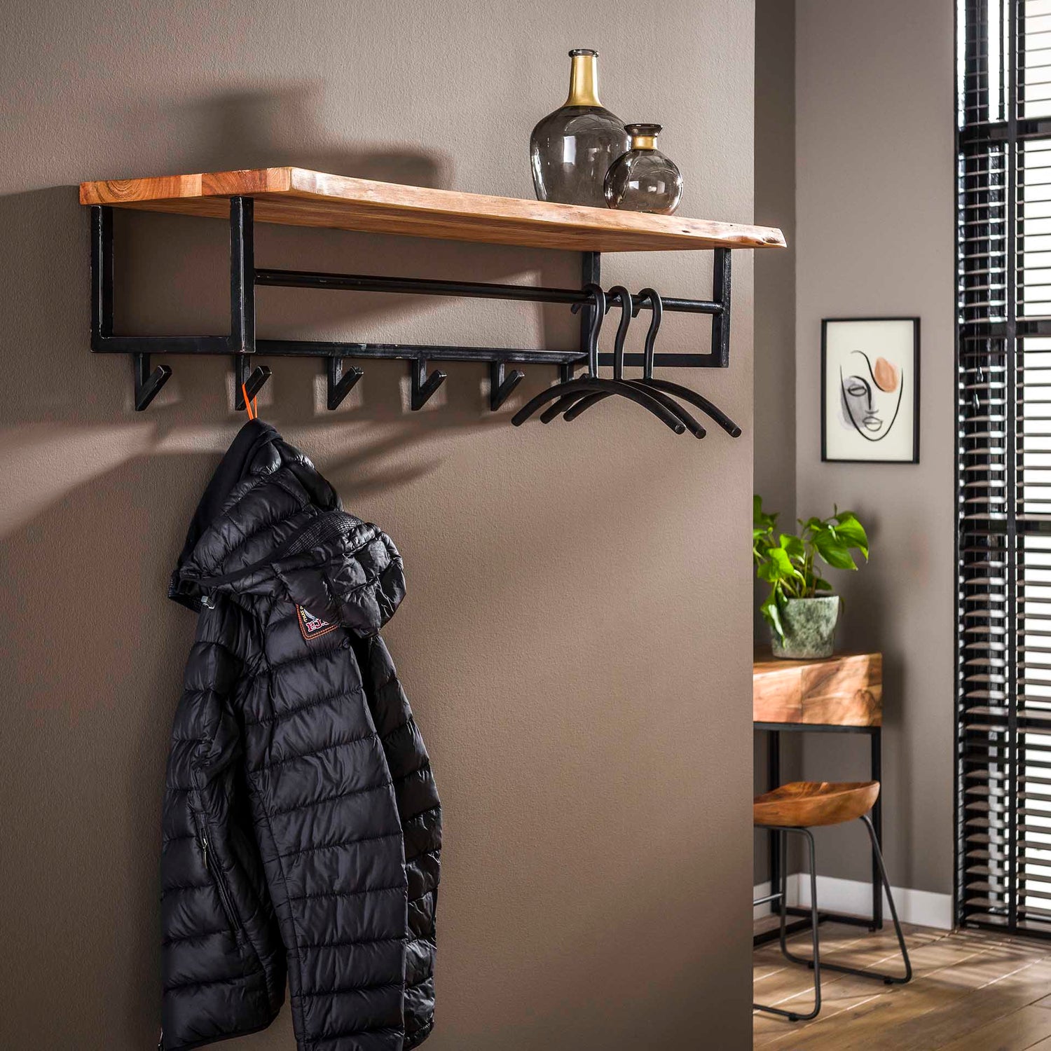 Kapstok Edge 6 Haken Hoedenplank - 100x33x27 cm - Naturel - Acacia