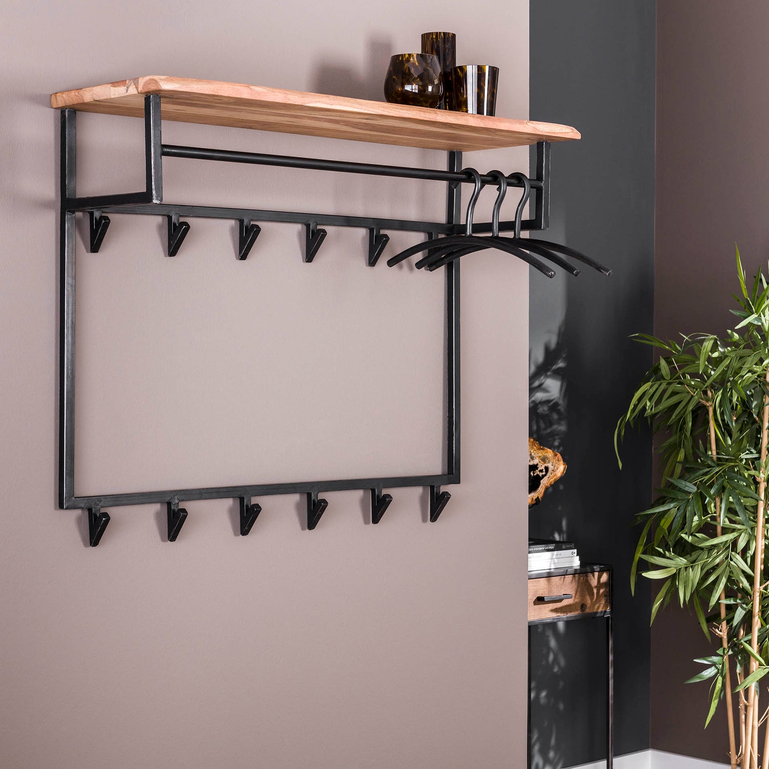 Kapstok Edge Hoog met 12 Haken Hoedenplank - 100x33x80 cm - Naturel - Acacia