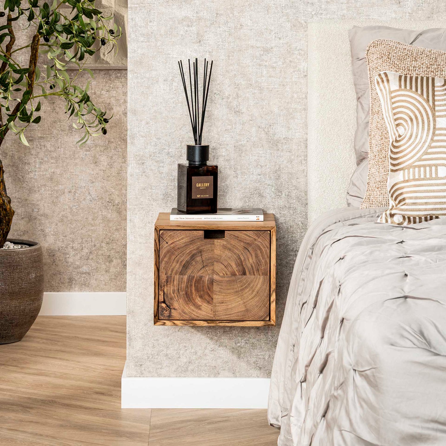 Nachtkastje Block Zwevend met 1 Lade - 30x29x25 cm - Naturel - Acacia