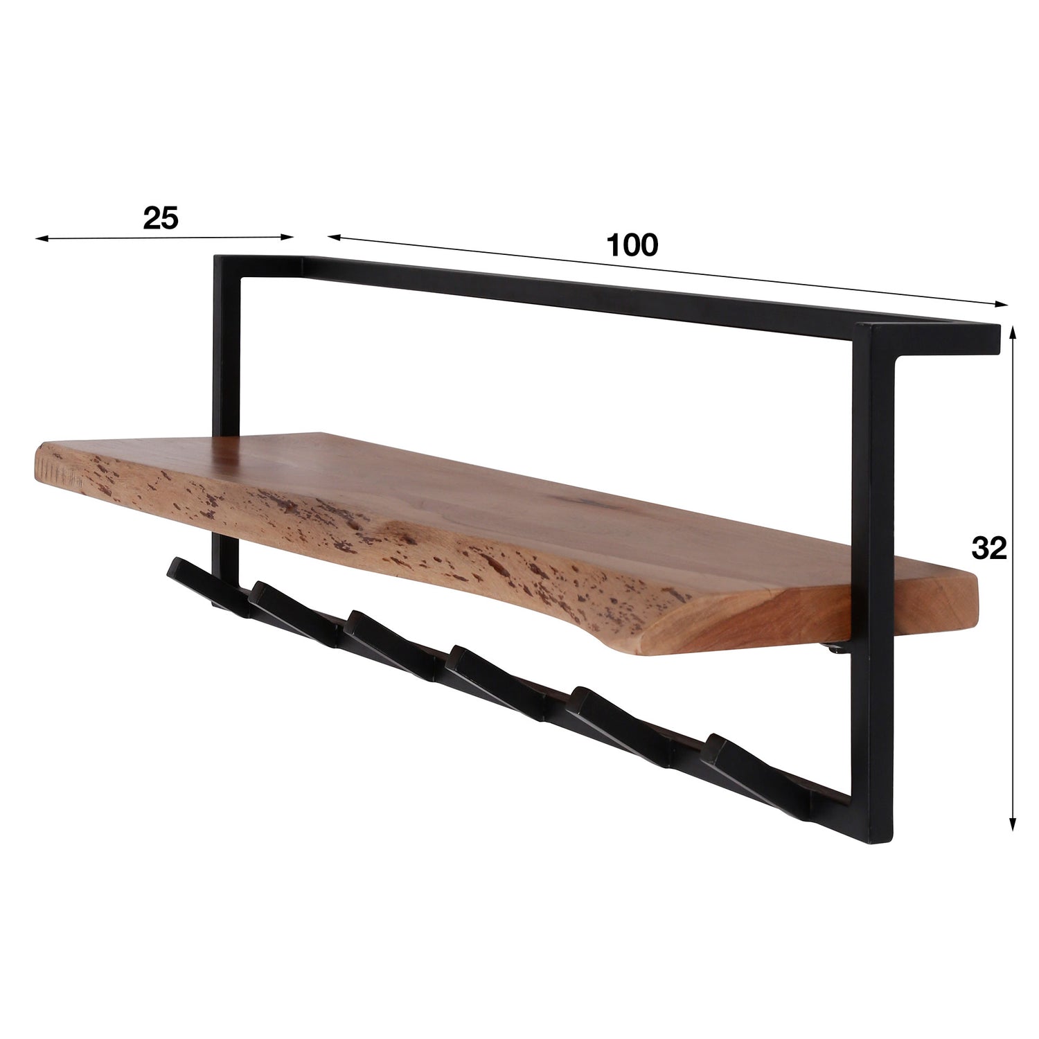 Kapstok Edge Shelve met 6 Haken - 100x25x32 cm - Naturel - Acacia