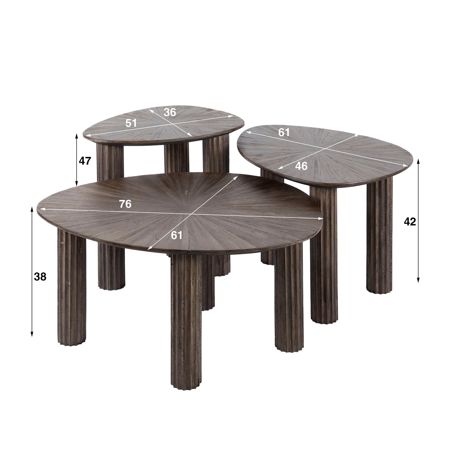 Salontafel Maya Driehoekig - Set van 3 - 76x61x38 cm - Teak Rust Brown - Teak