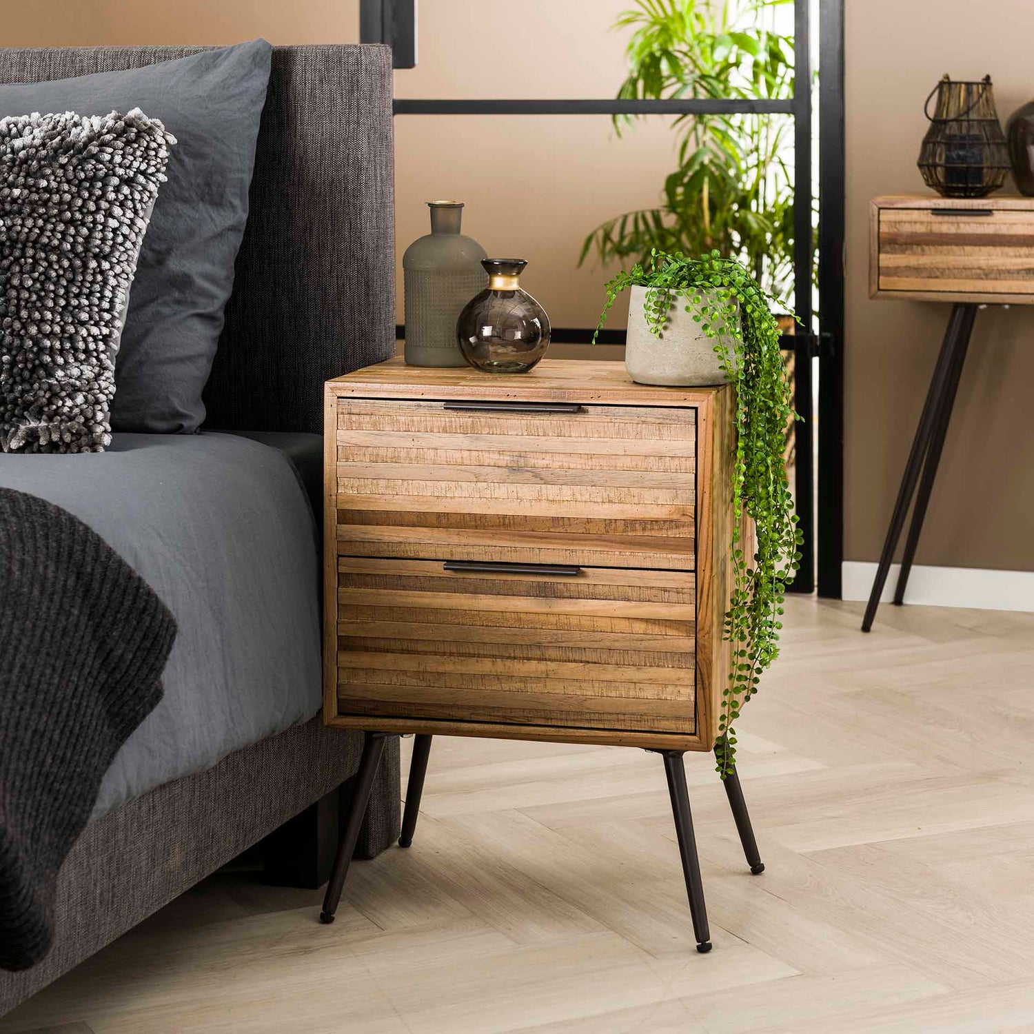 Nachtkastje met 2 laden Teca Strip - 45x30x60 cm - Verweerd - Teakhout