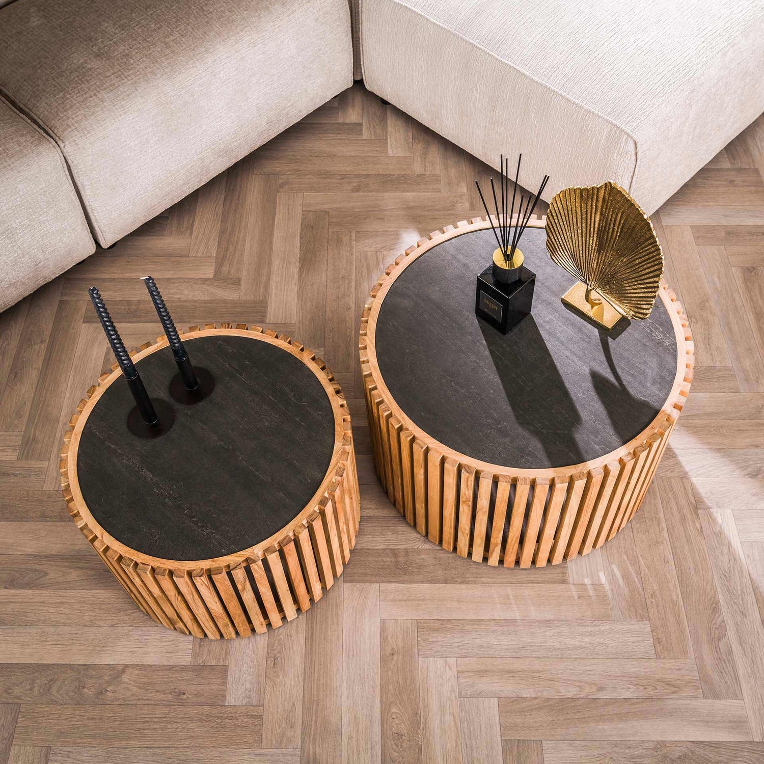 Salontafel Slate Round - Set van 2 - 68x68x40 cm - Leisteen