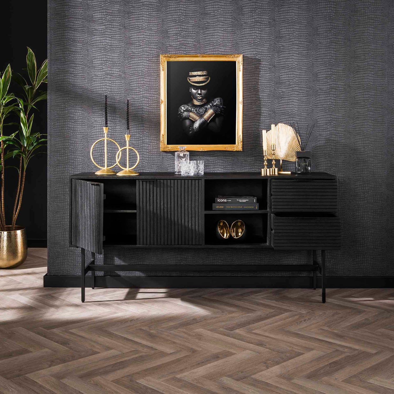 Dressoir 2D/2L Marina - 170x40x81 cm - Zwart - Mango