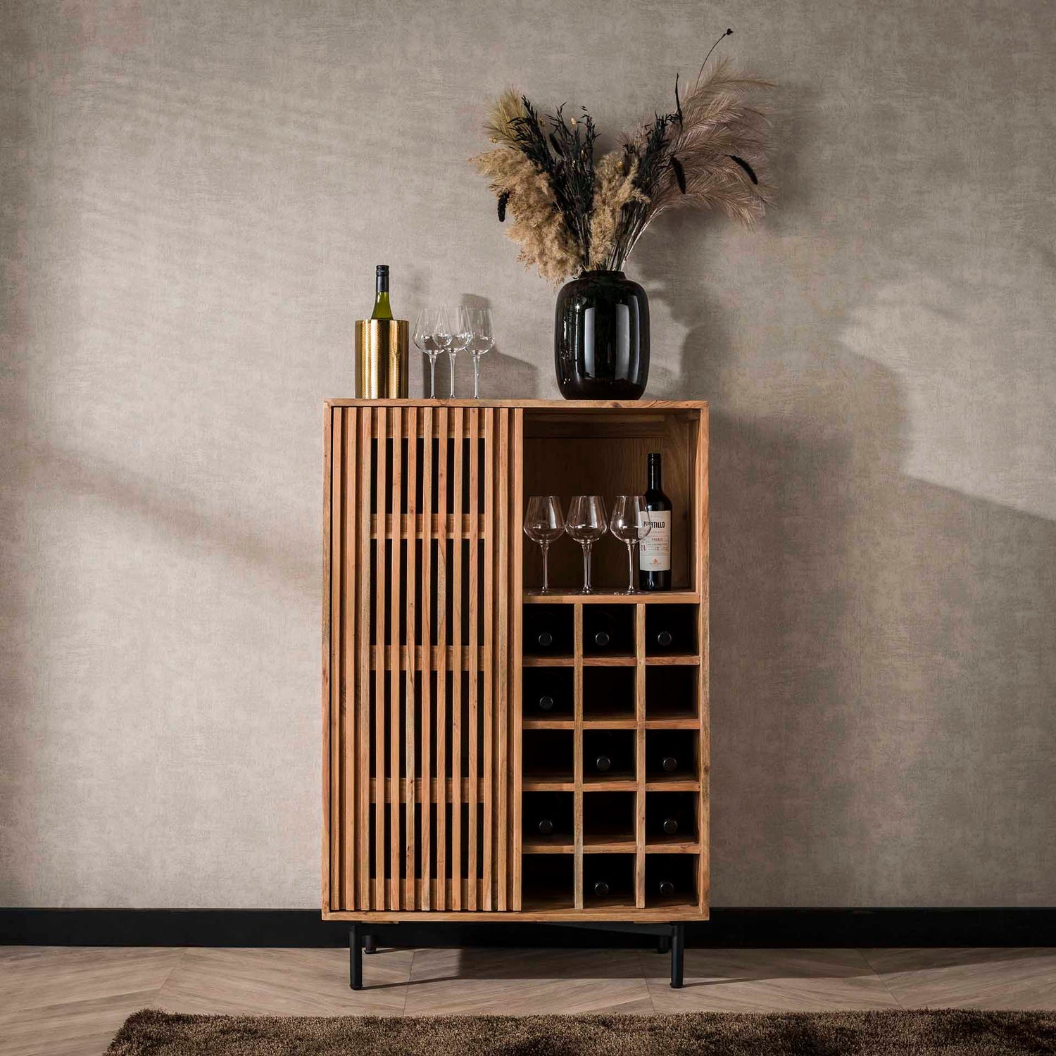 Wijnkast 1 Deur Slide - 80x43x122 cm - Naturel - Acacia