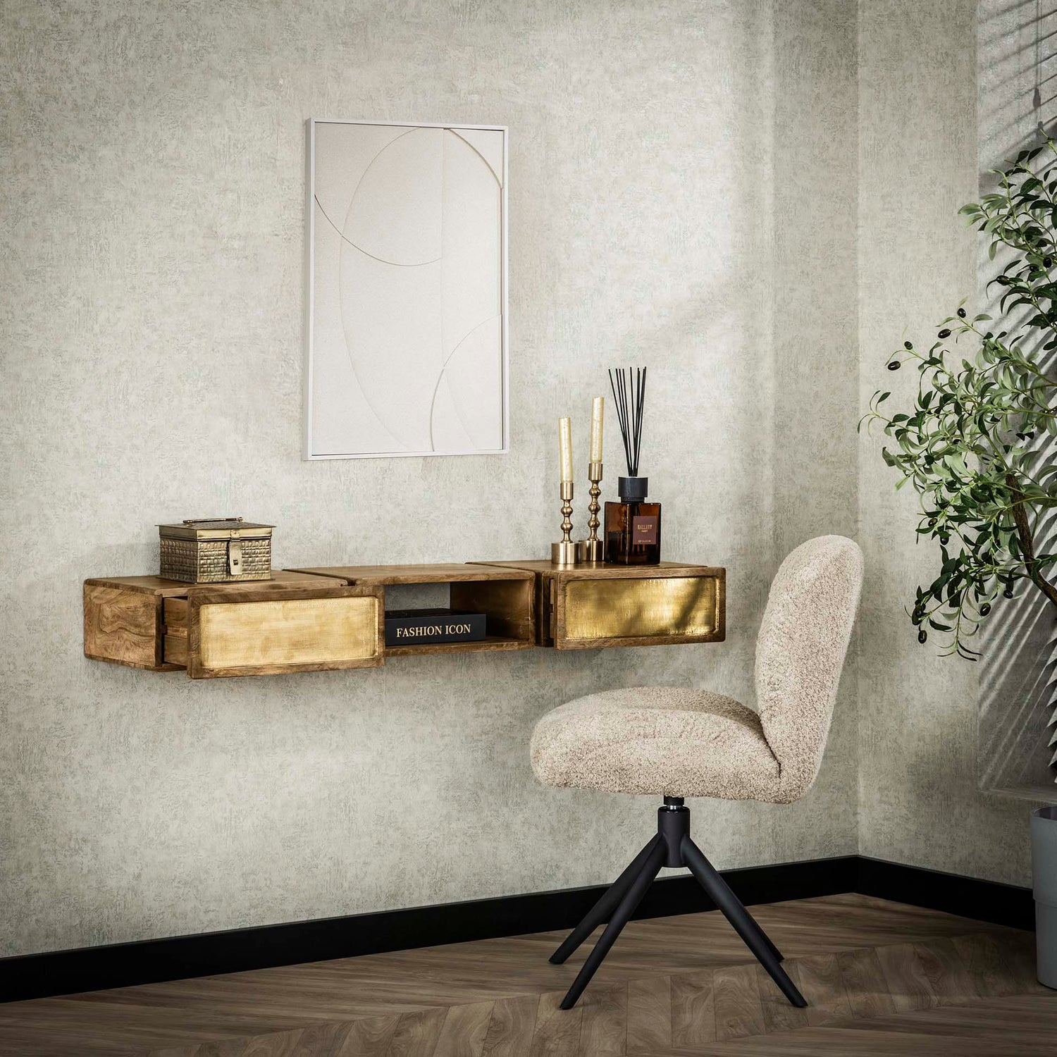 Kaptafel met 2 lampen Brass - 123x30x15 cm - Zandkleur - Mango