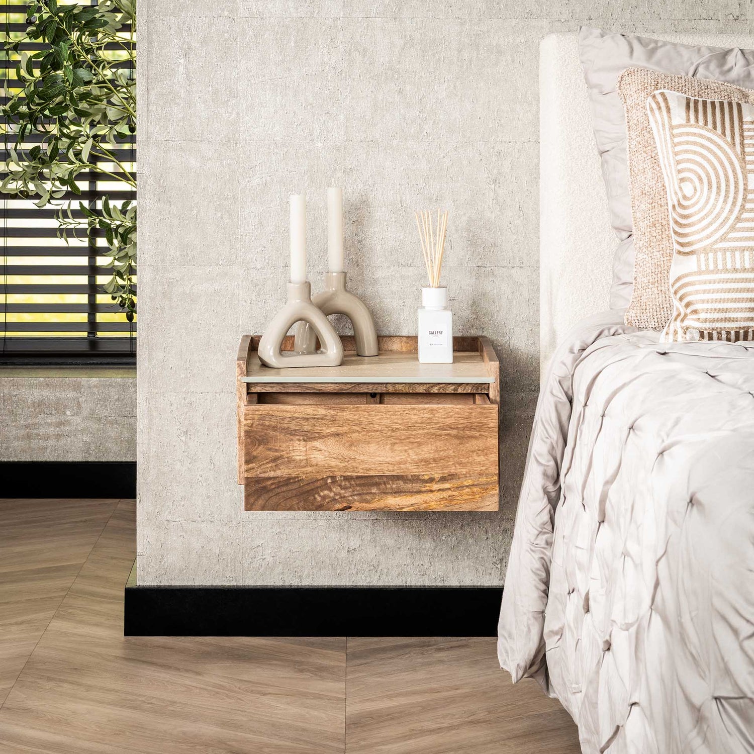 Nachtkastje hangend Nuovo Travertin - 40x35x19 cm - Zandkleur - Mango