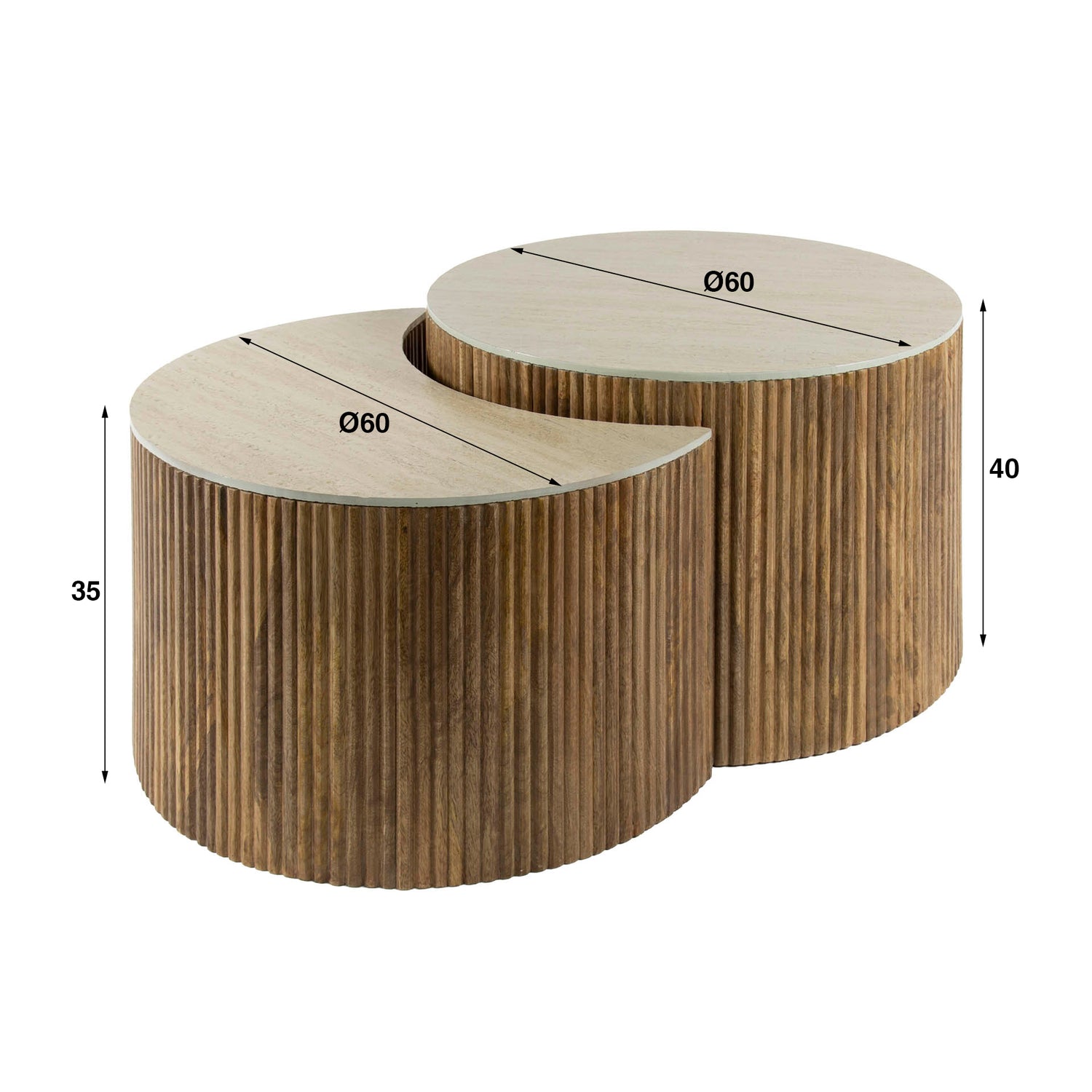 Salontafel Nuovo halfrond travertin - Set van 2 - 60x60x40 cm - Zandkleur - Mango