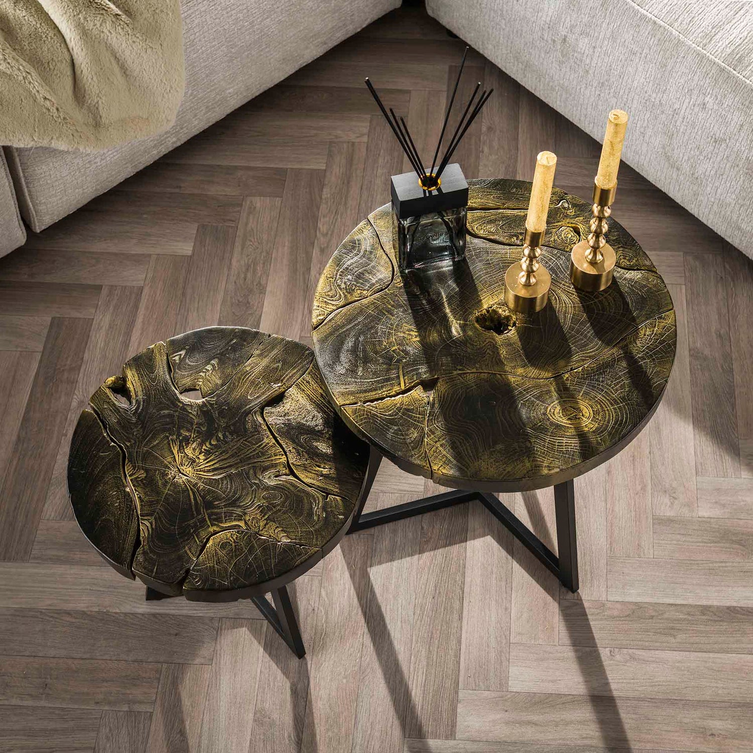 Salontafel Black & Gold Rond - Set van 2 - 50x50x54 cm - Black & Gold - Teak