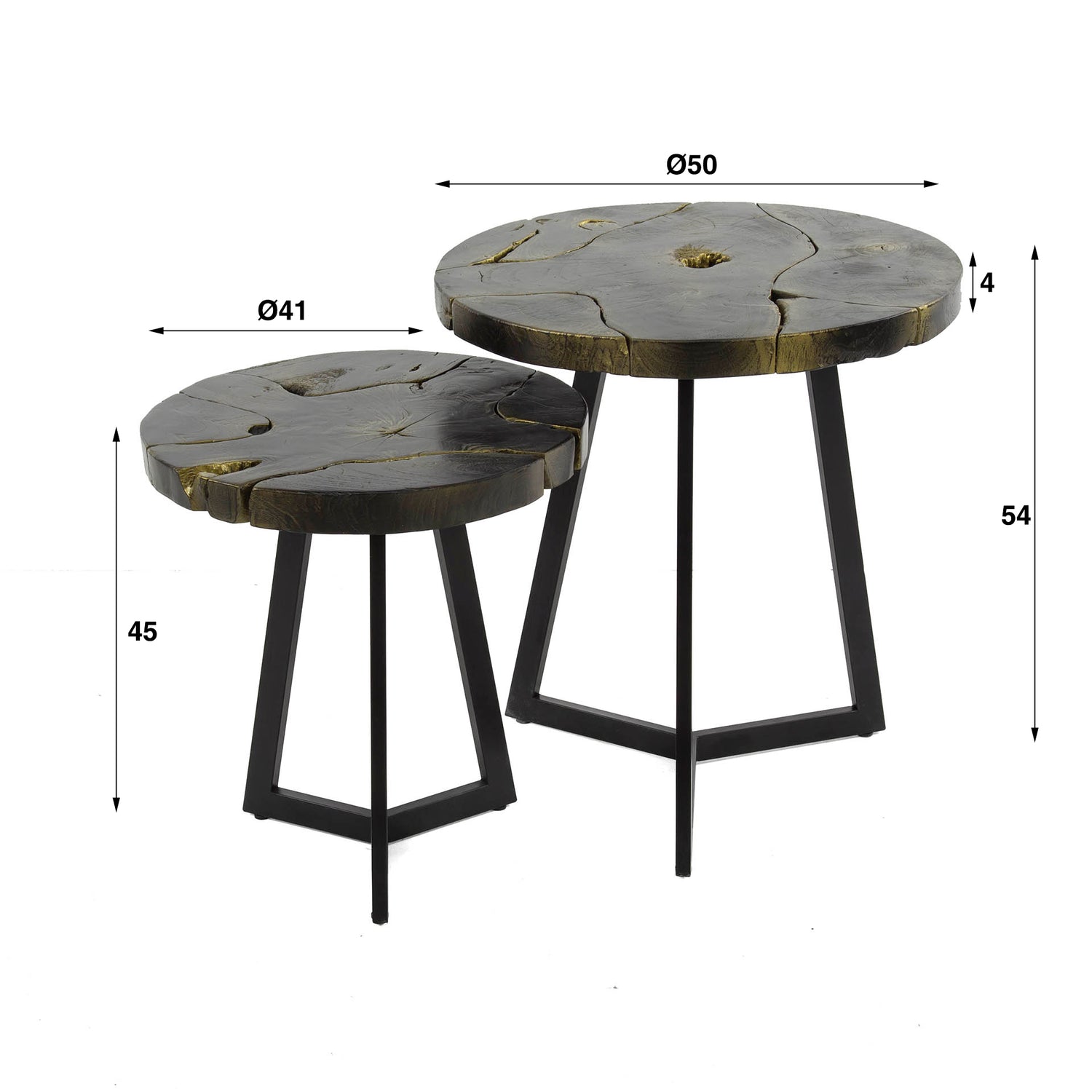 Salontafel Black & Gold Rond - Set van 2 - 50x50x54 cm - Black & Gold - Teak