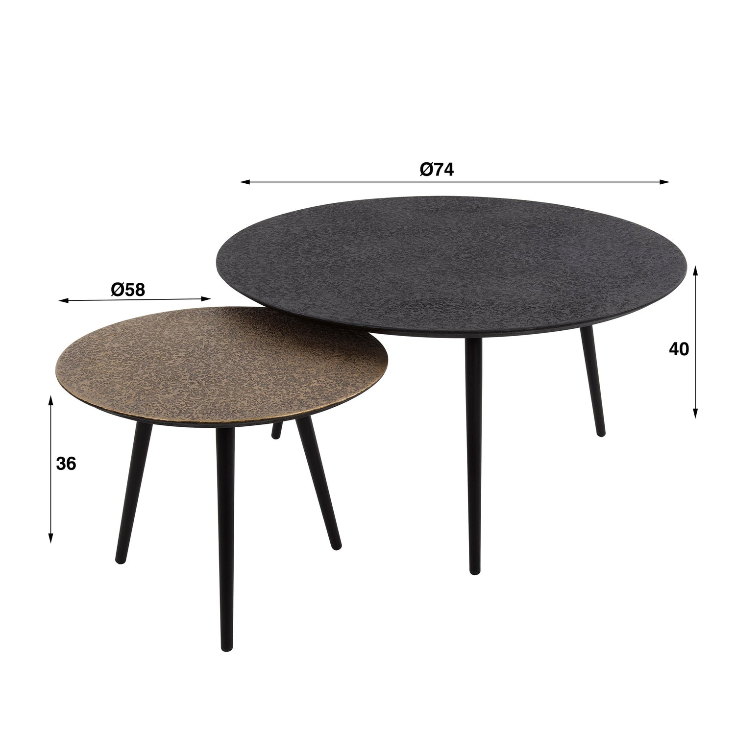 Salontafel rond metallic - Set van 2 - 74x74x40 cm - Grijs