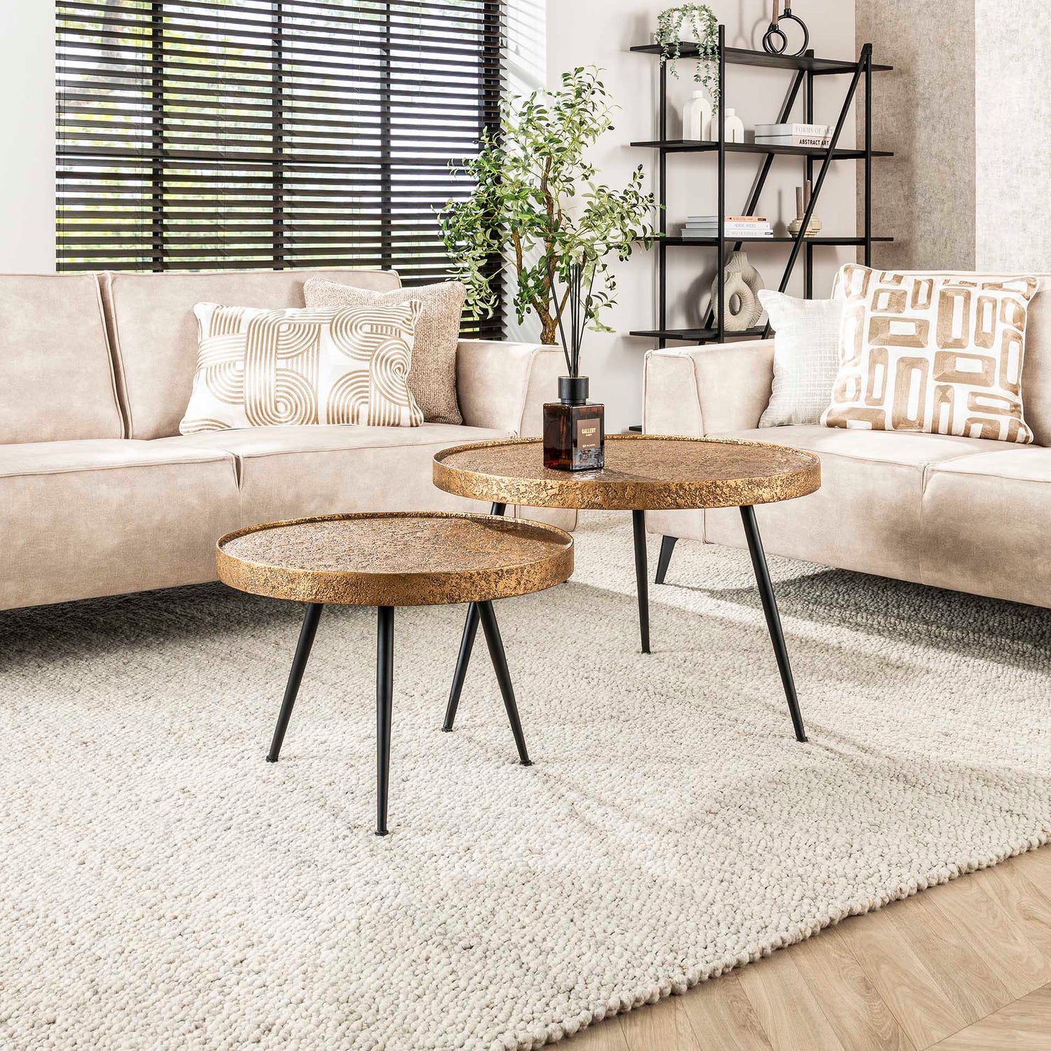 Salontafel opstaande randen rond metallic - Set van 2 - 74x74x50 cm - Brons Antiek