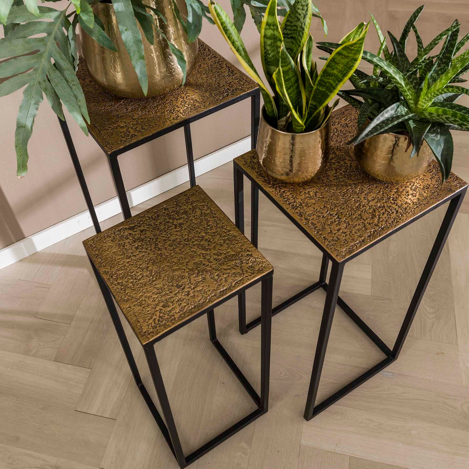 Bloemenzuil - Set van 3 - 35x35x70 cm - Brons Antiek - Iron Metallic