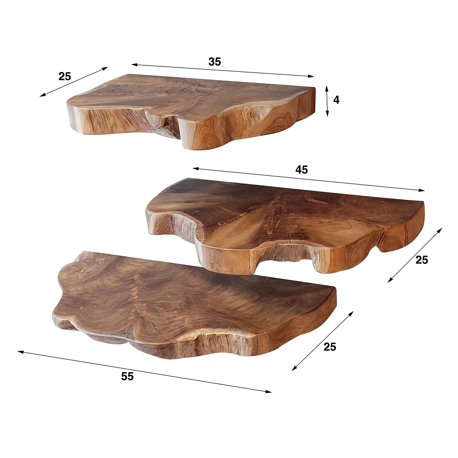 Wandschap Naturel Line - Set van 3 - 55x25x4 cm - Teakhout