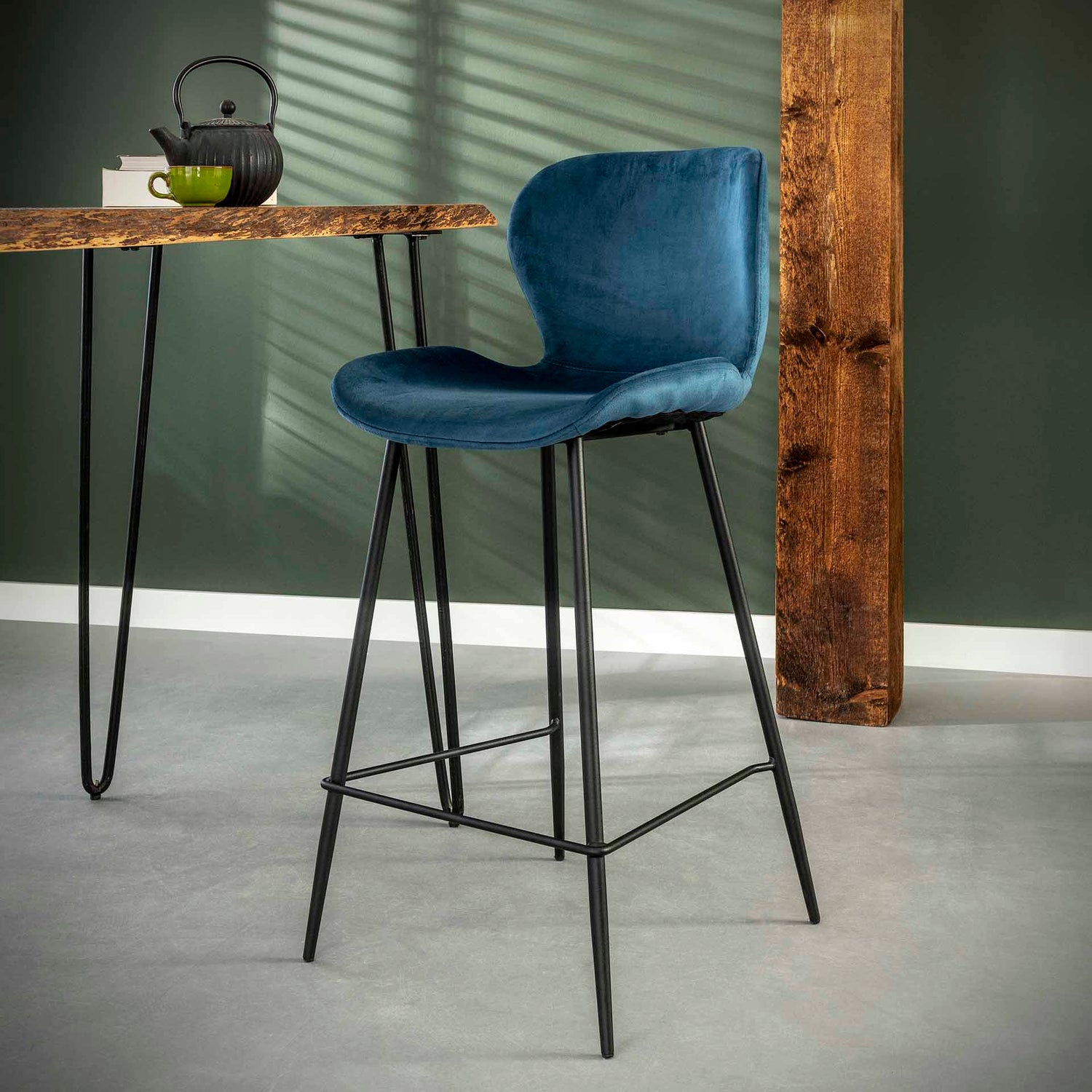 Barstoel Ronde Buis 4 stuks - 47x51x99 cm - Blauw Velours