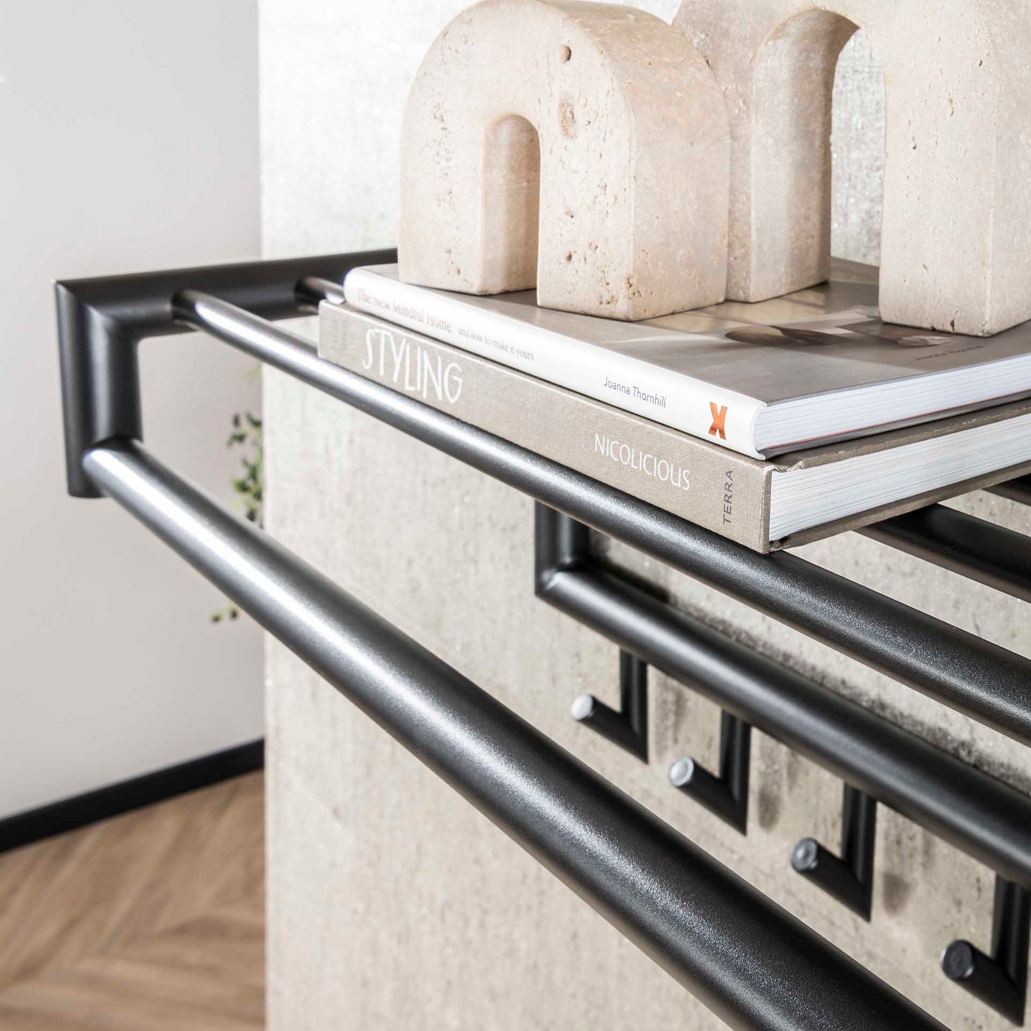 Kapstok met 10 haaks roede ronde buis - 100x27x30 cm - Donkergrijs - Mat