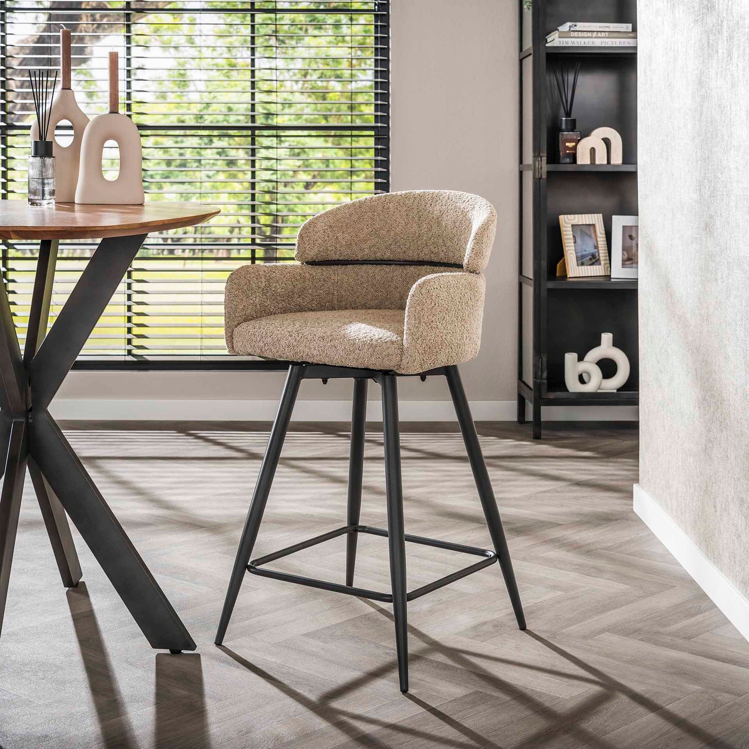 Barstoel Bouclé Ronde Rug Draaibaar 2 stuks - 50x54x95 cm - Zandkleur - Bouclé