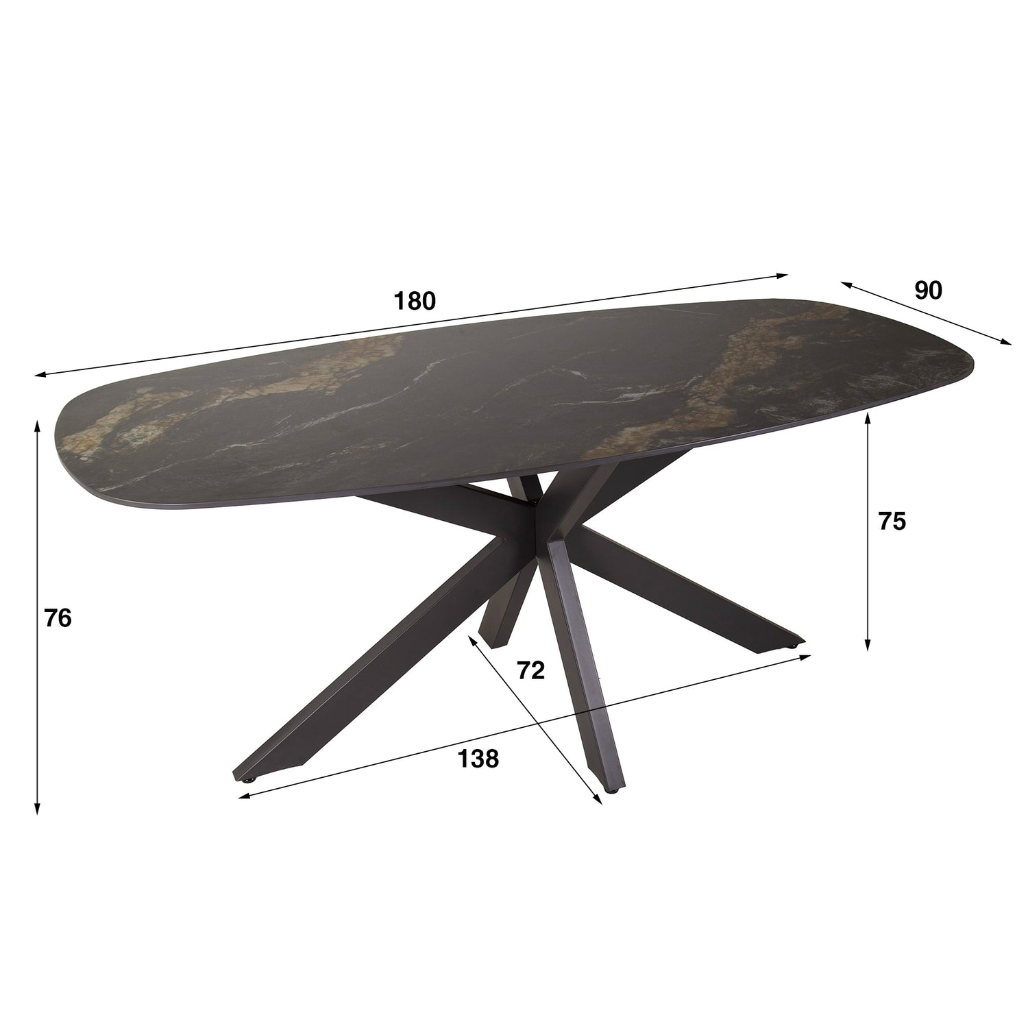 Eettafel Spider Deens Ovaal - 180x90x76 cm - Fossil Black - Ceramic