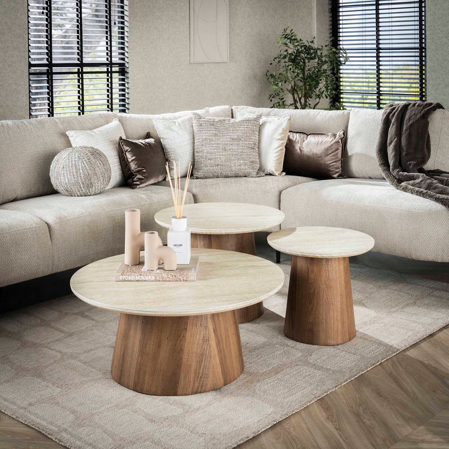 Salontafel Romano Tapse pooten - Set van 3 - 80x80x35 cm - Ceramic Travertine
