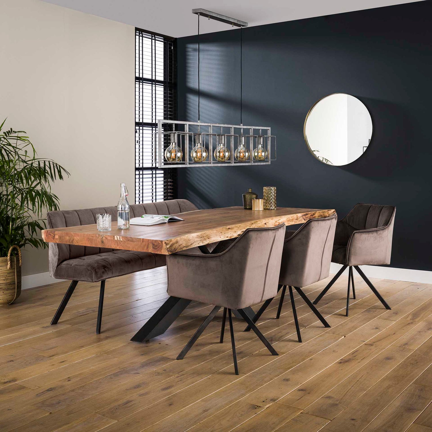 Eetkamerbank Raster - 180x58x81 cm - Antraciet - Velours