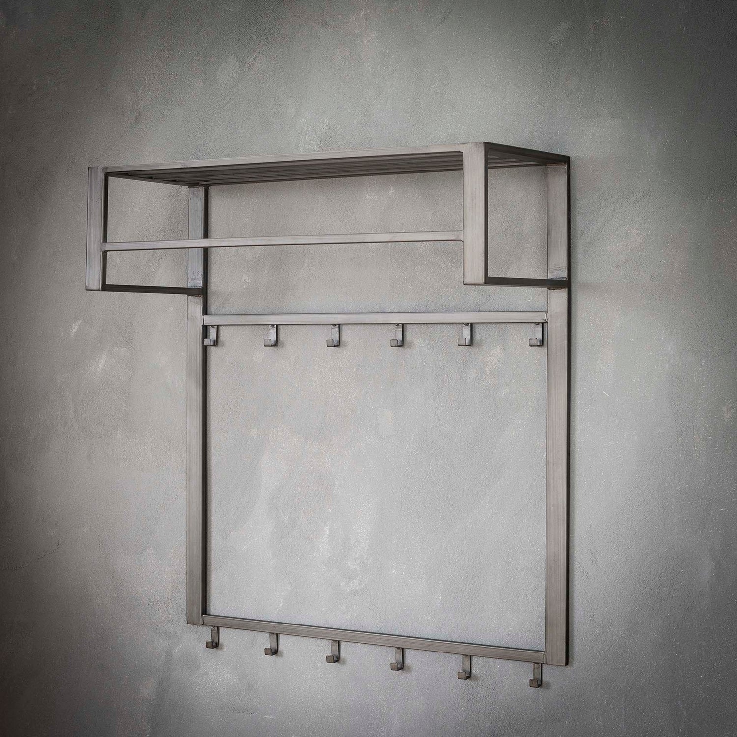Kapstok Industrial met 12 Haken, Roede & Hoedenplank - 80x30x89 cm - Zilver