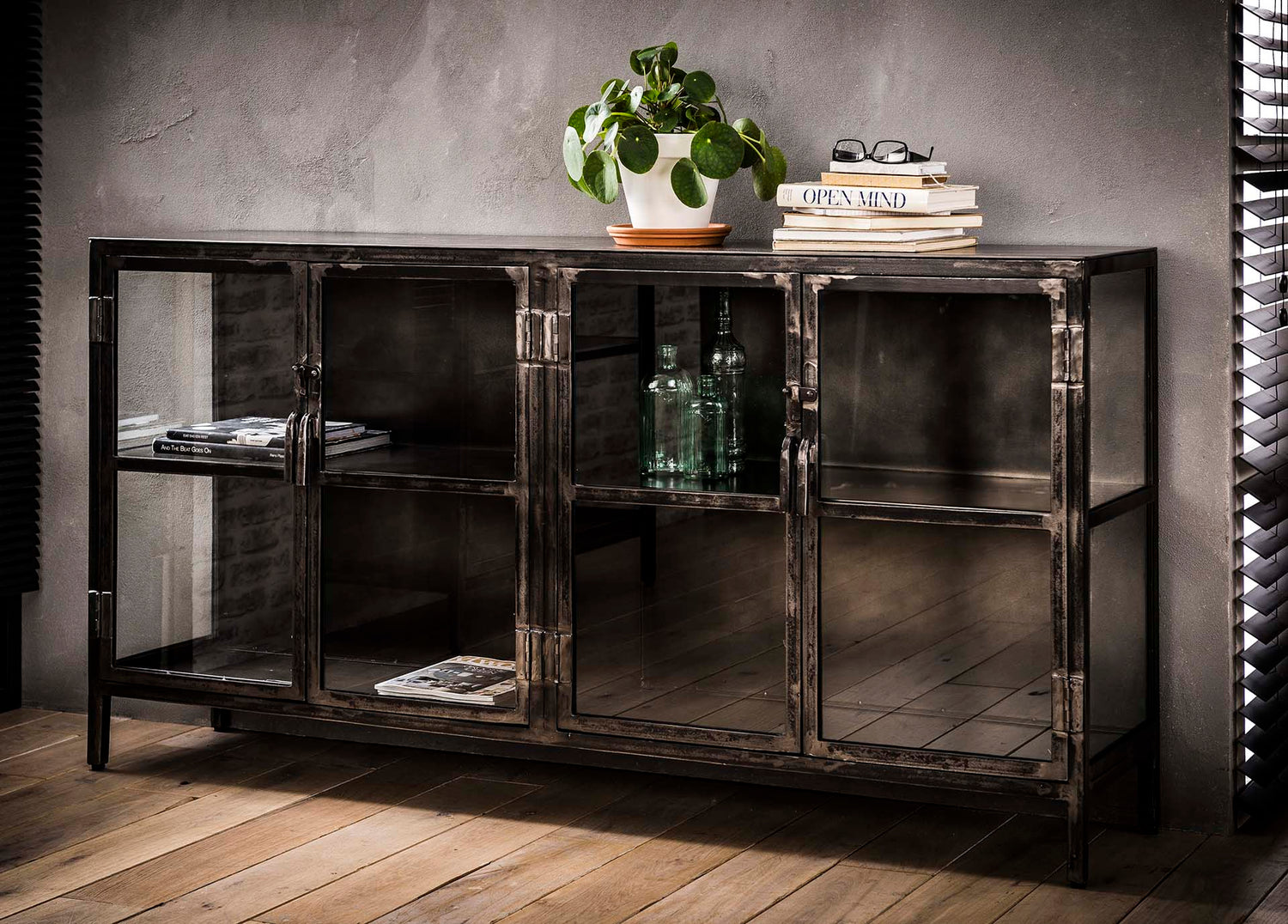Dressoir Rift Metal met 4 Deuren - 180x40x92 cm - Gun Metal