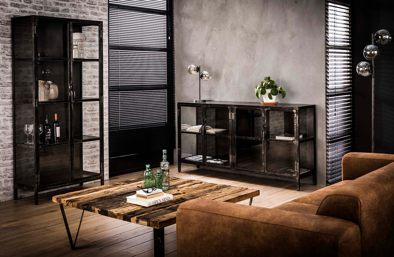 Dressoir Rift Metal met 4 Deuren - 180x40x92 cm - Gun Metal