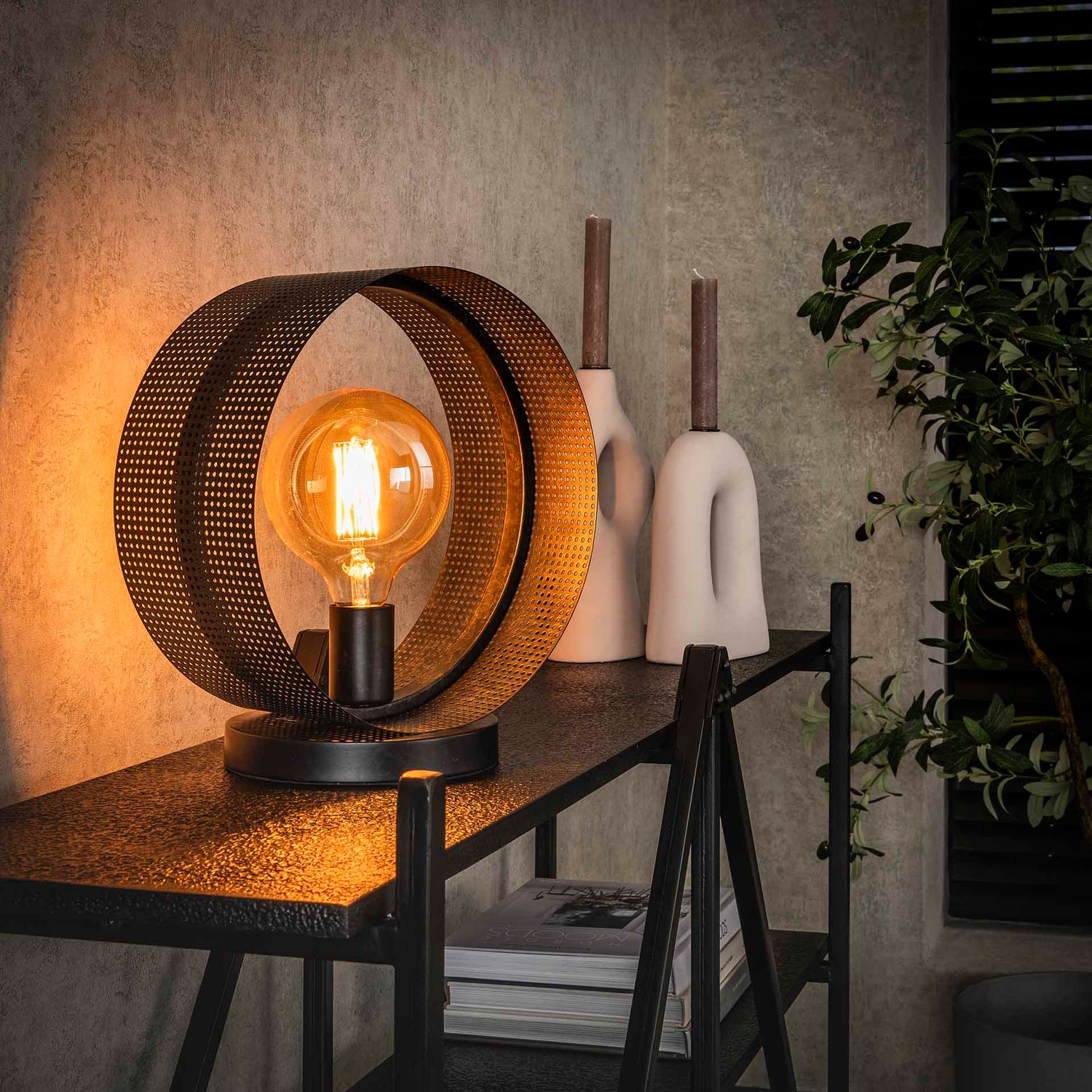 Tafellamp met 1 lamp ring geperforeerd - 30x20x33 cm - Charcoal