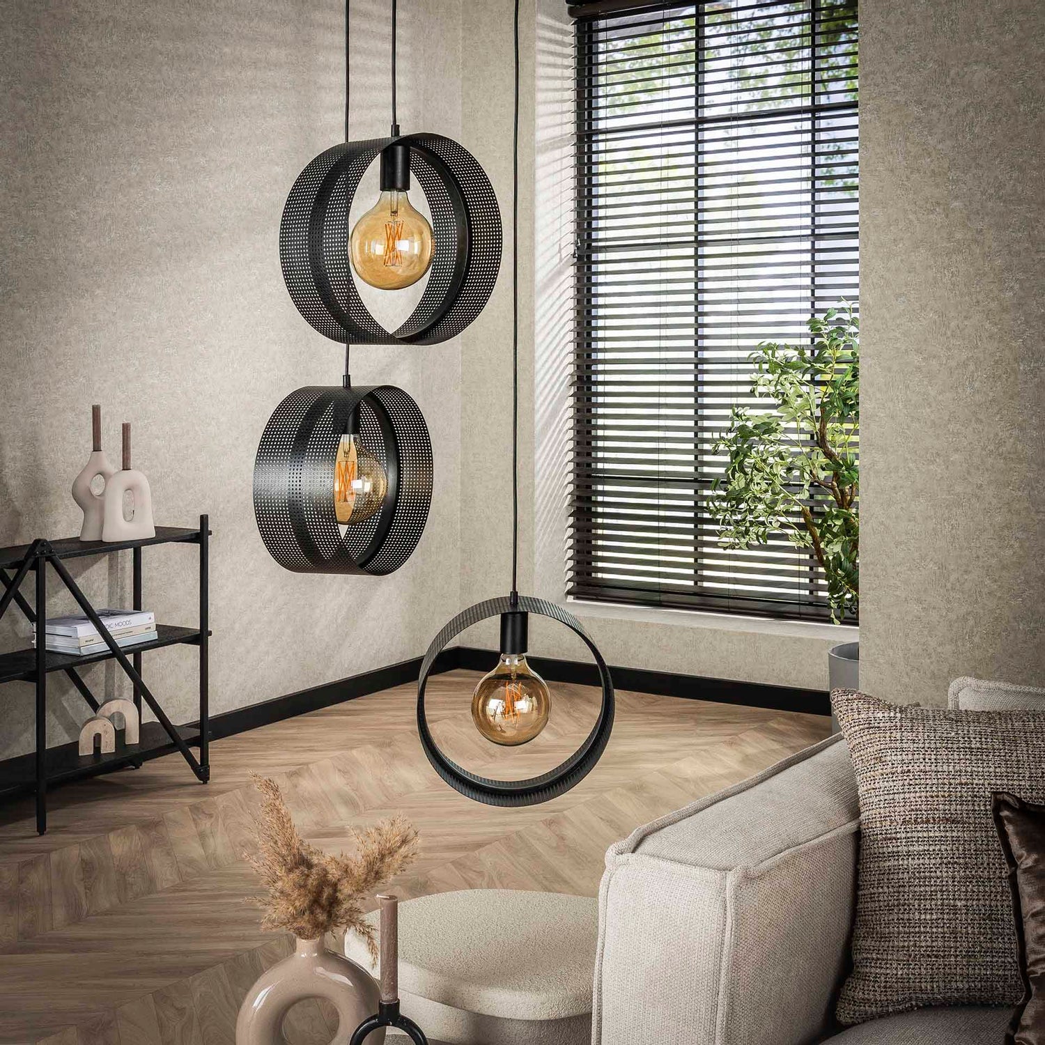Hanglamp met 3 lampen ring geperforeerd - 50x50x180 cm - Charcoal