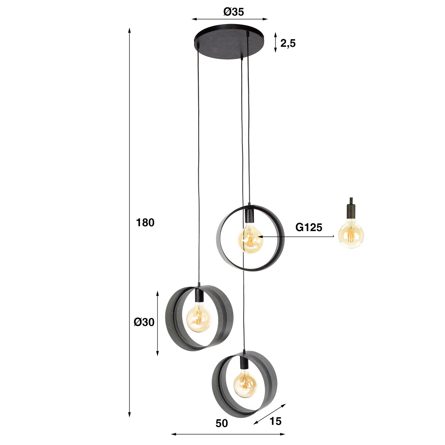 Hanglamp met 3 lampen ring geperforeerd - 50x50x180 cm - Charcoal