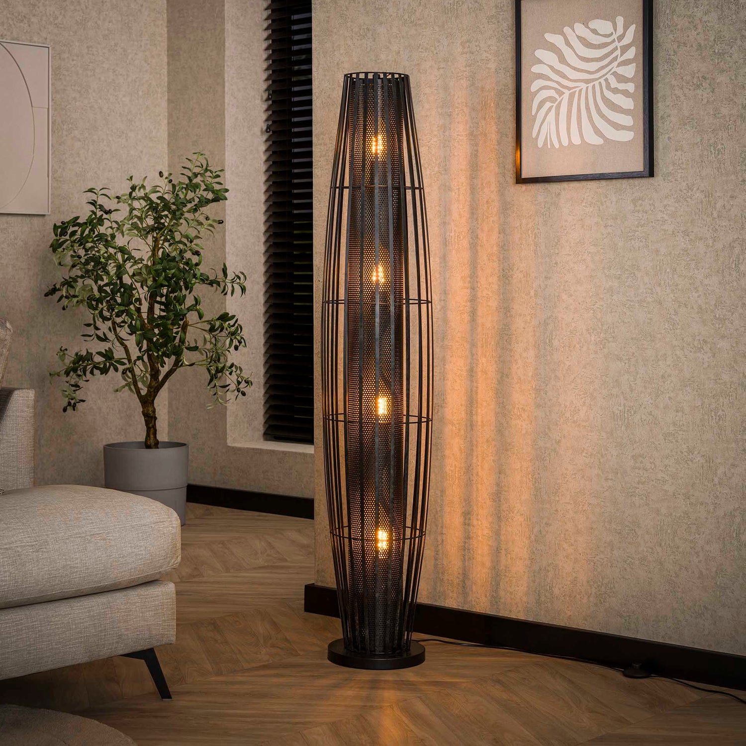 Vloerlamp 150 met 4 Lampen Cylinder Mesh - 29x29x150 cm - Charcoal