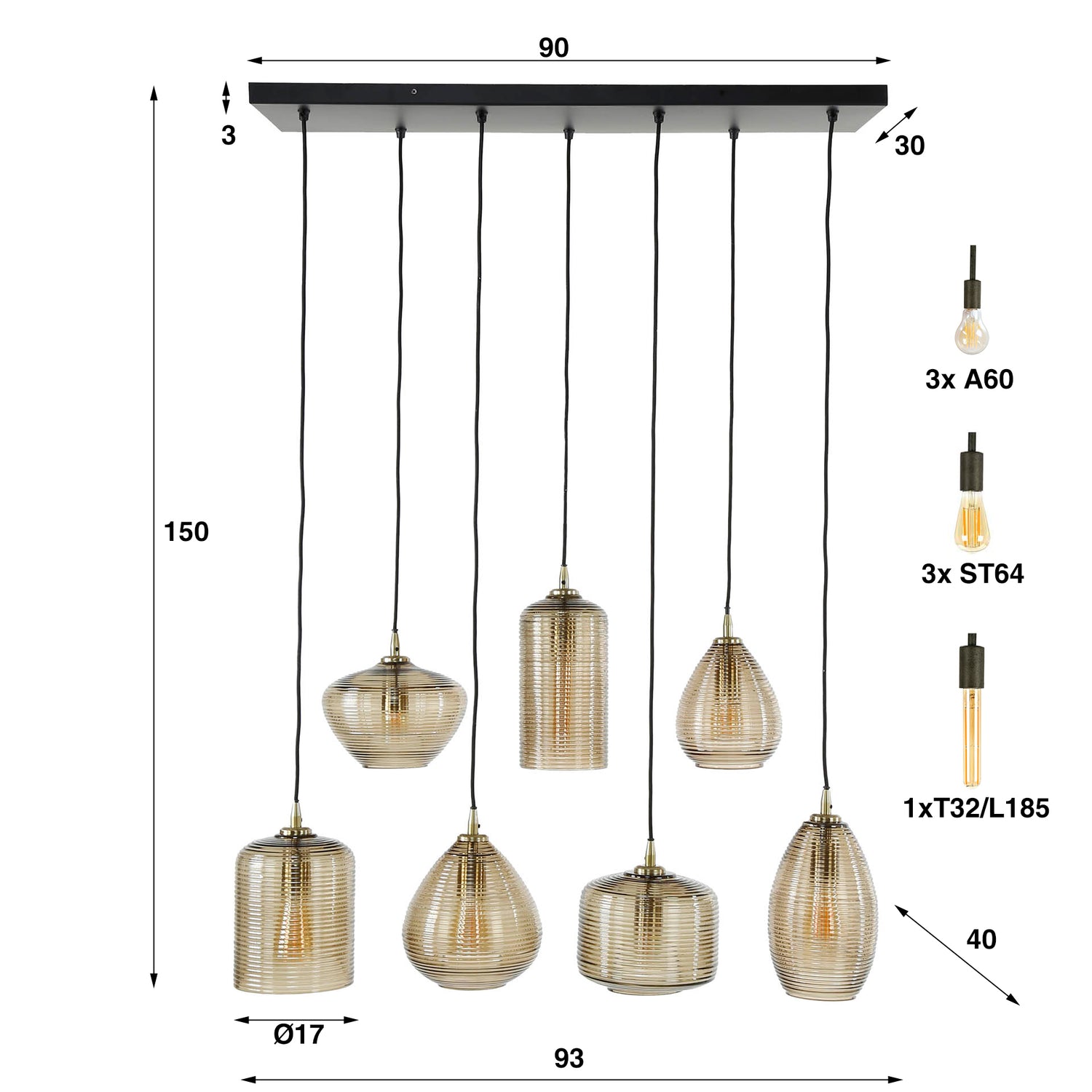 Hanglamp met 7 Lampen Stripe Glass - 93x40x150 cm - Amber - Glas