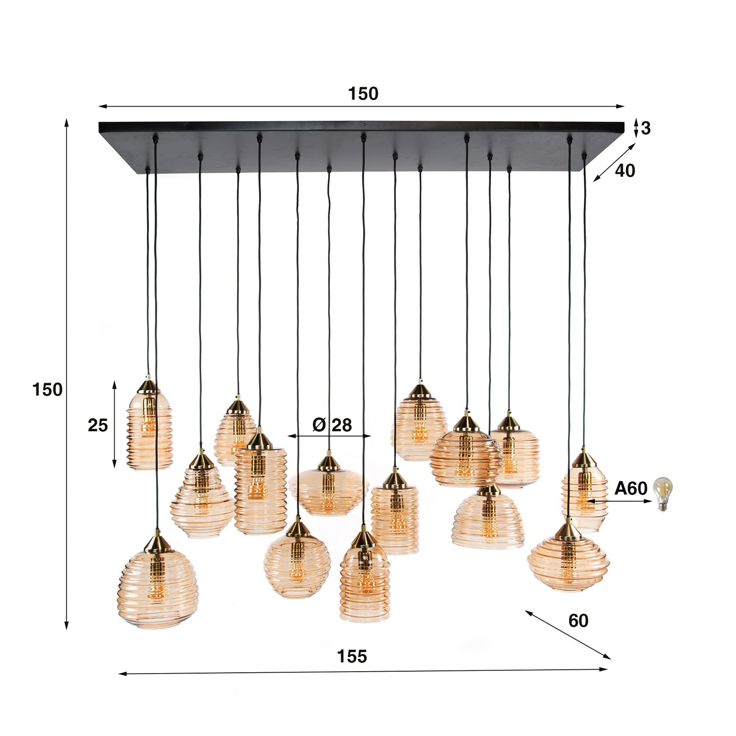 Hanglamp met 15 Lampen Rib Glass - 155x60x150 cm - Amber - Glas