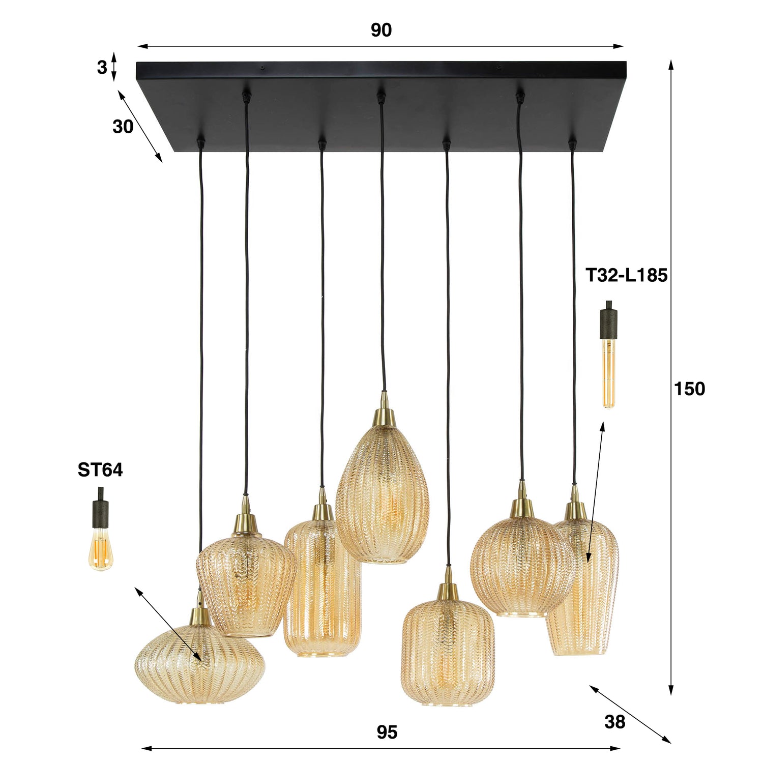 Hanglamp met 7 Lampen V-shape Pattern Mix - 95x38x150 cm - Amber - Glas