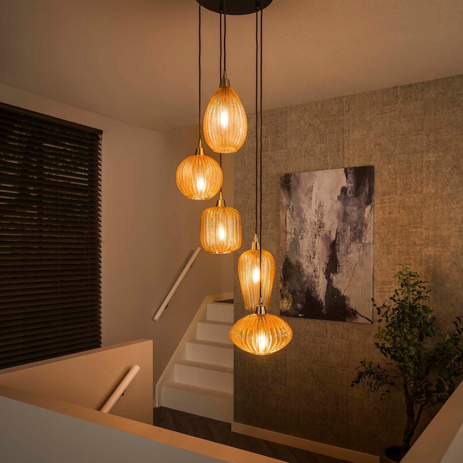 Hanglamp met 5 lampen V-shape pattern getrapt - 40x40x180 cm - Amber - Glas