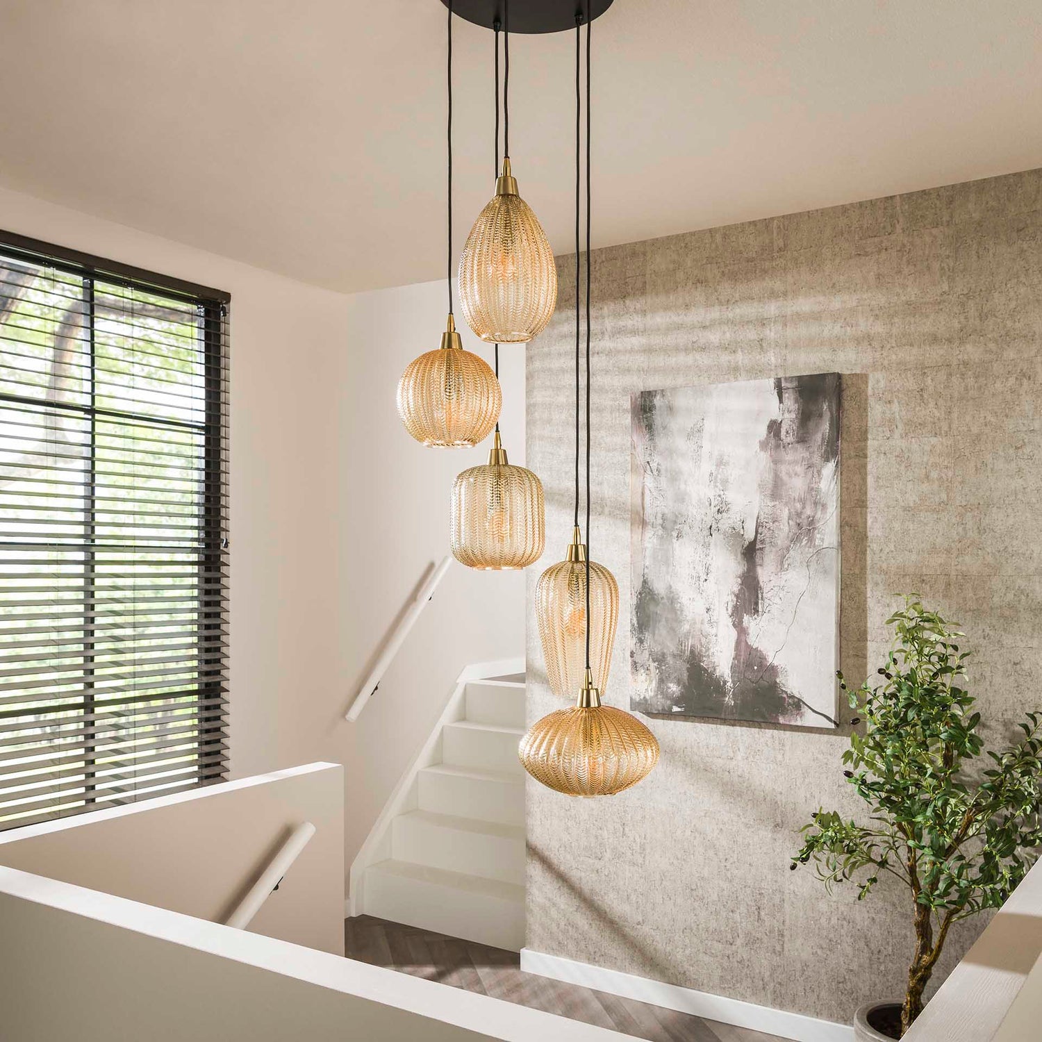 Hanglamp met 5 lampen V-shape pattern getrapt - 40x40x180 cm - Amber - Glas