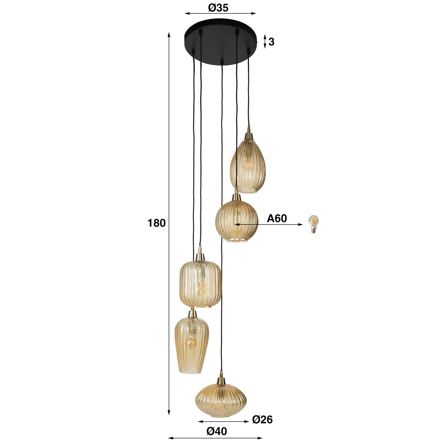 Hanglamp met 5 lampen V-shape pattern getrapt - 40x40x180 cm - Amber - Glas