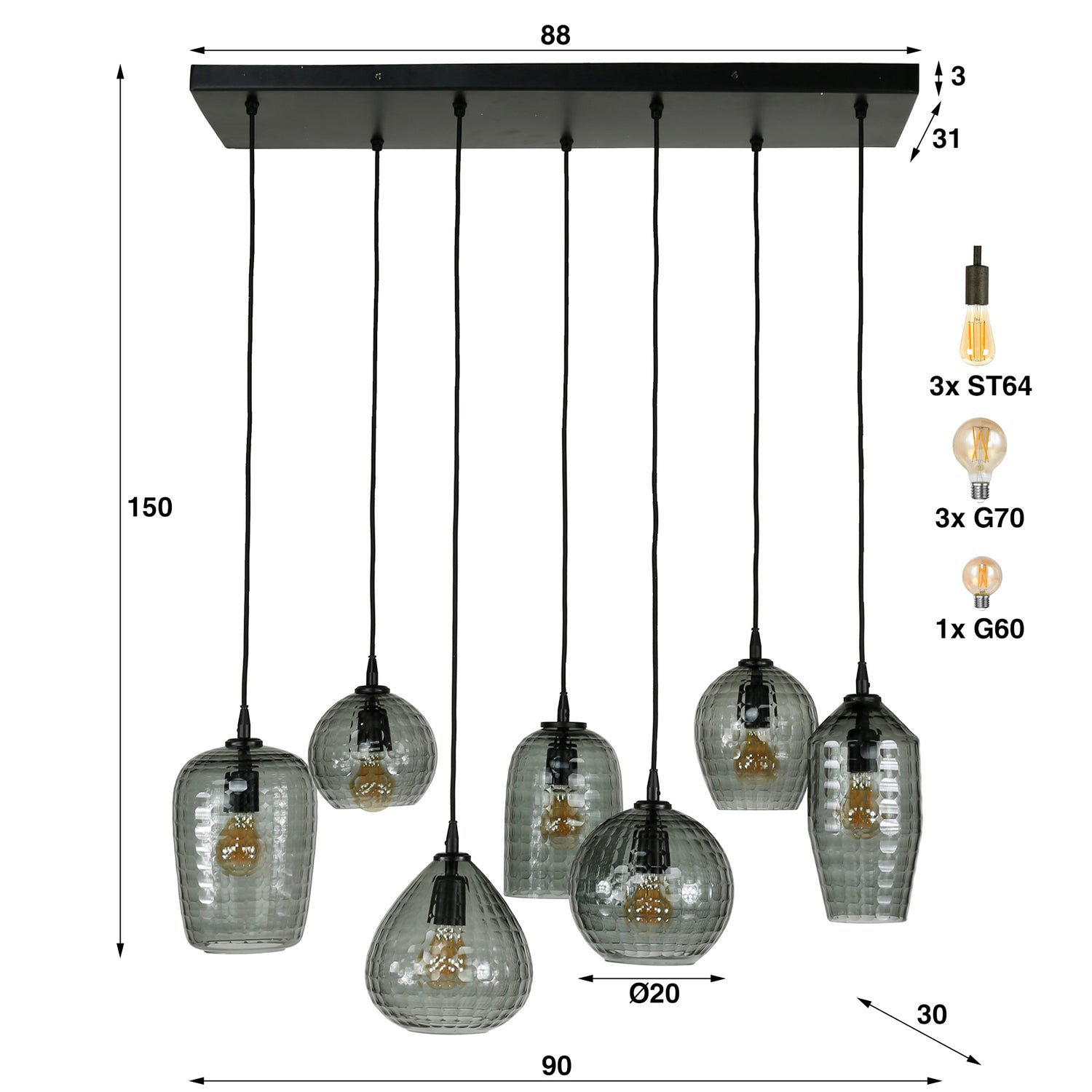 Hanglamp met 7 Lampen Hexagon Mix - 90x30x150 cm - Smoke Grey - Glas