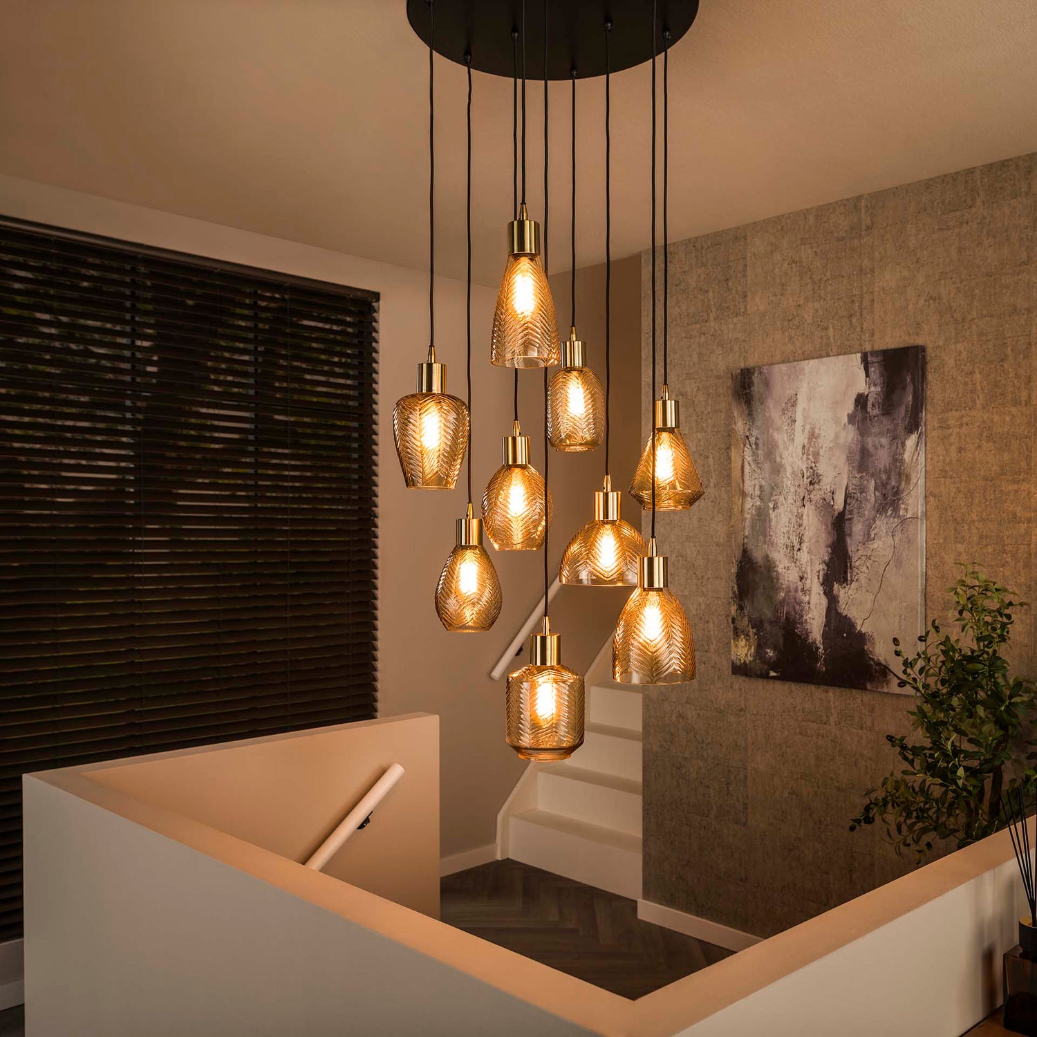 Hanglamp met 9 Lampen Leaf Getrapt - 60x60x180 cm - Amber - Glas