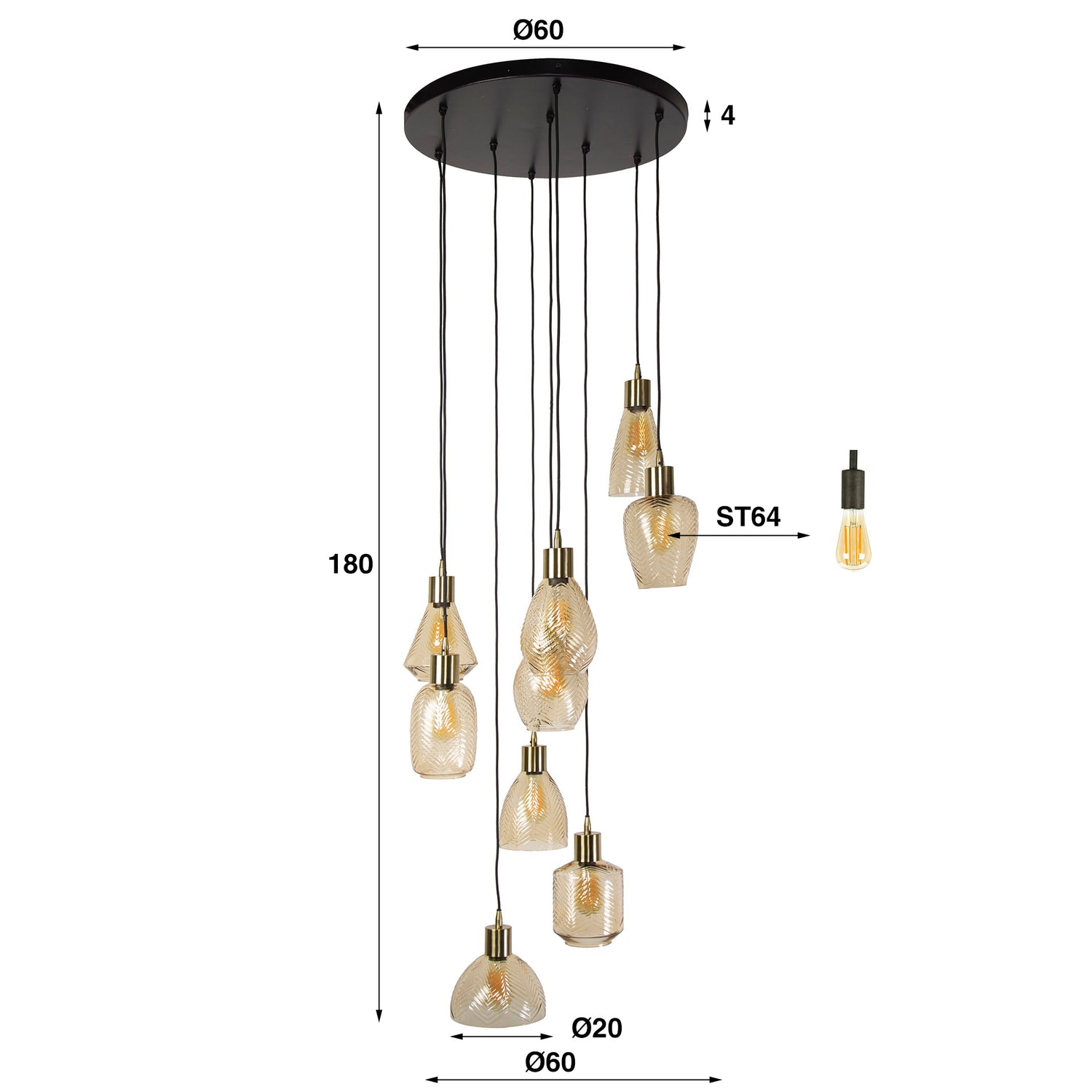 Hanglamp met 9 Lampen Leaf Getrapt - 60x60x180 cm - Amber - Glas
