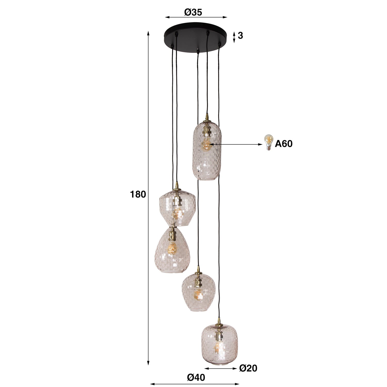 Hanglamp met 5 lampen Patch Pattern Getrapt - 40x40x180 cm - Diamond - Glas