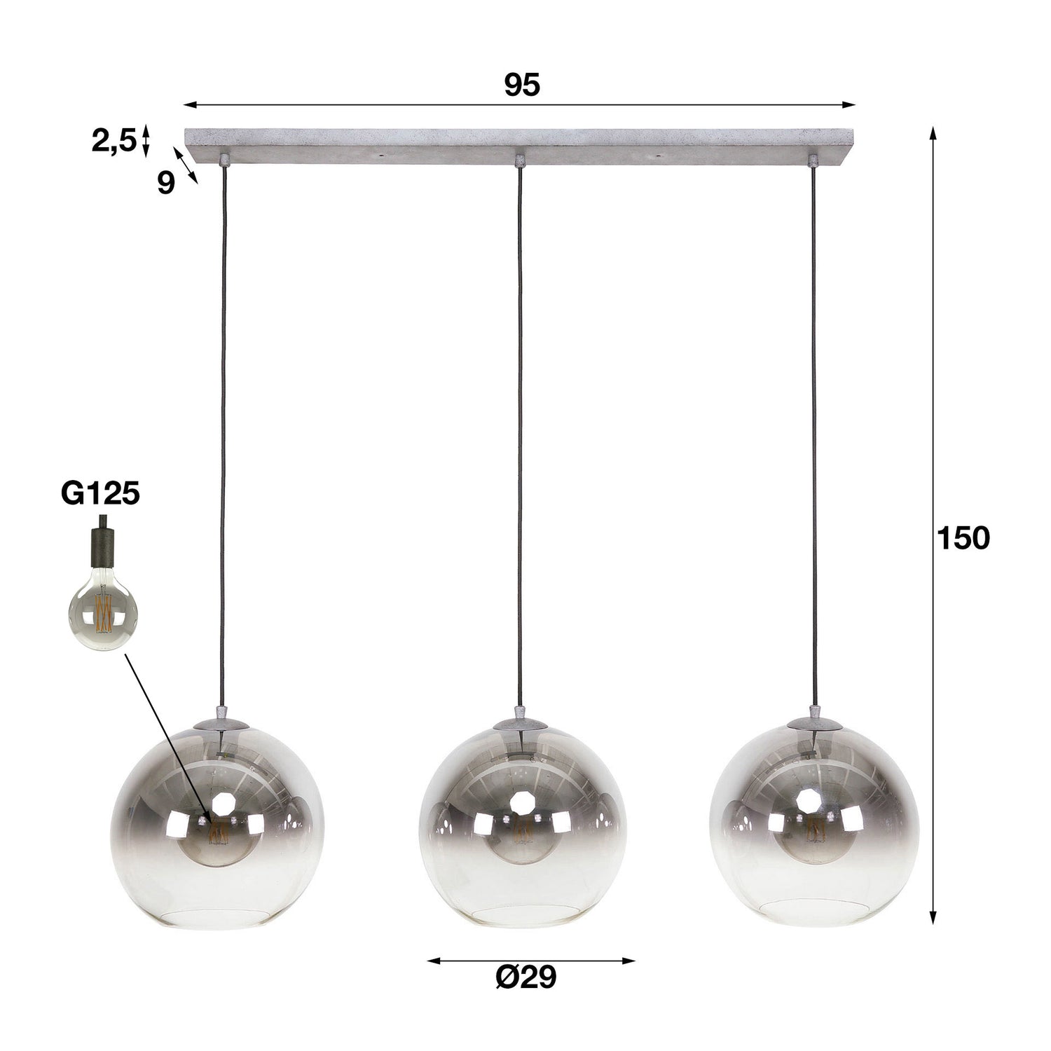 Hanglamp met 3 lampen bubble shaded - 115x29x150 cm - Oud Zilver